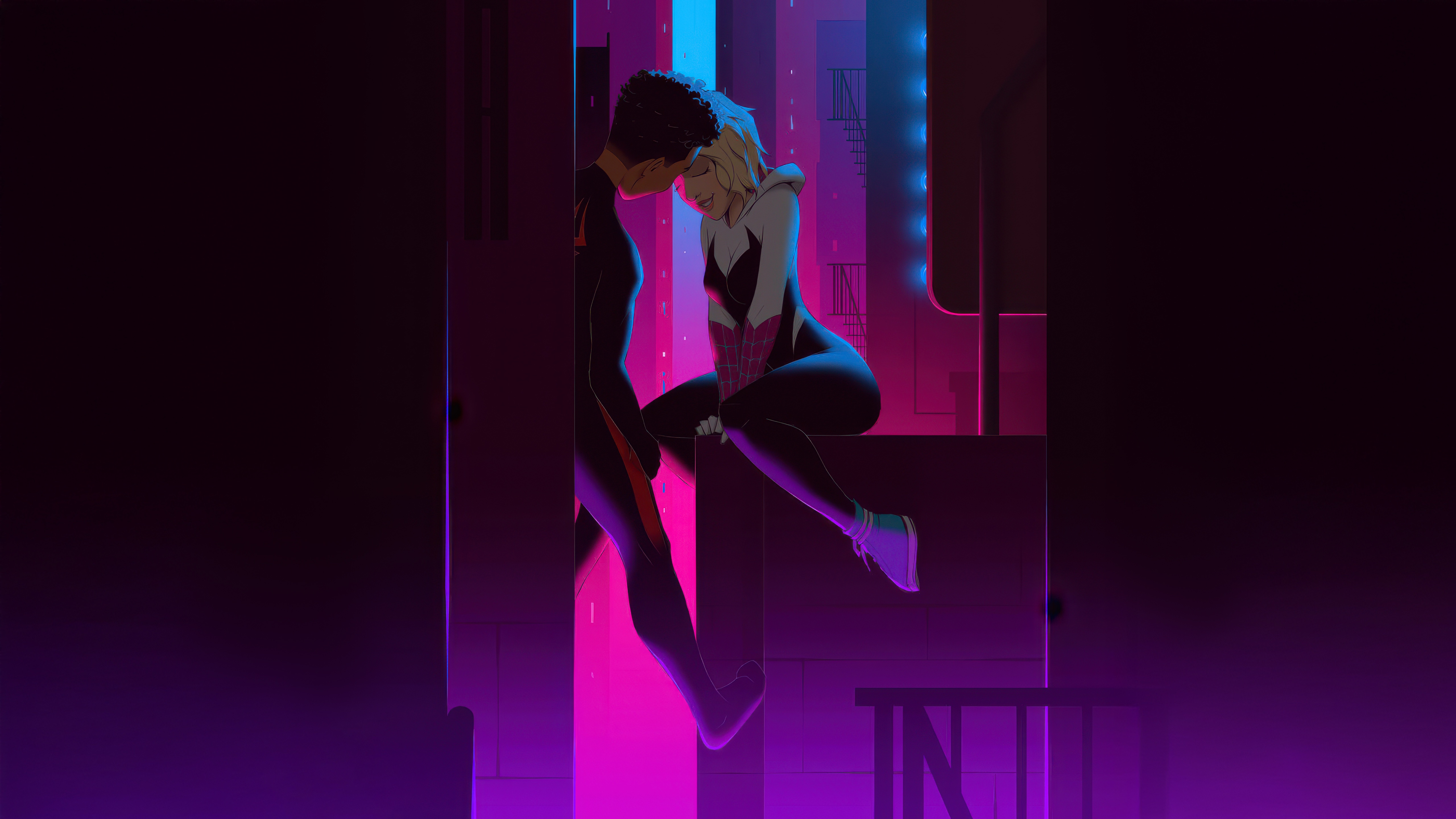 Gwen Stacy and Miles Morales romance in a neon city HD Wallpaper