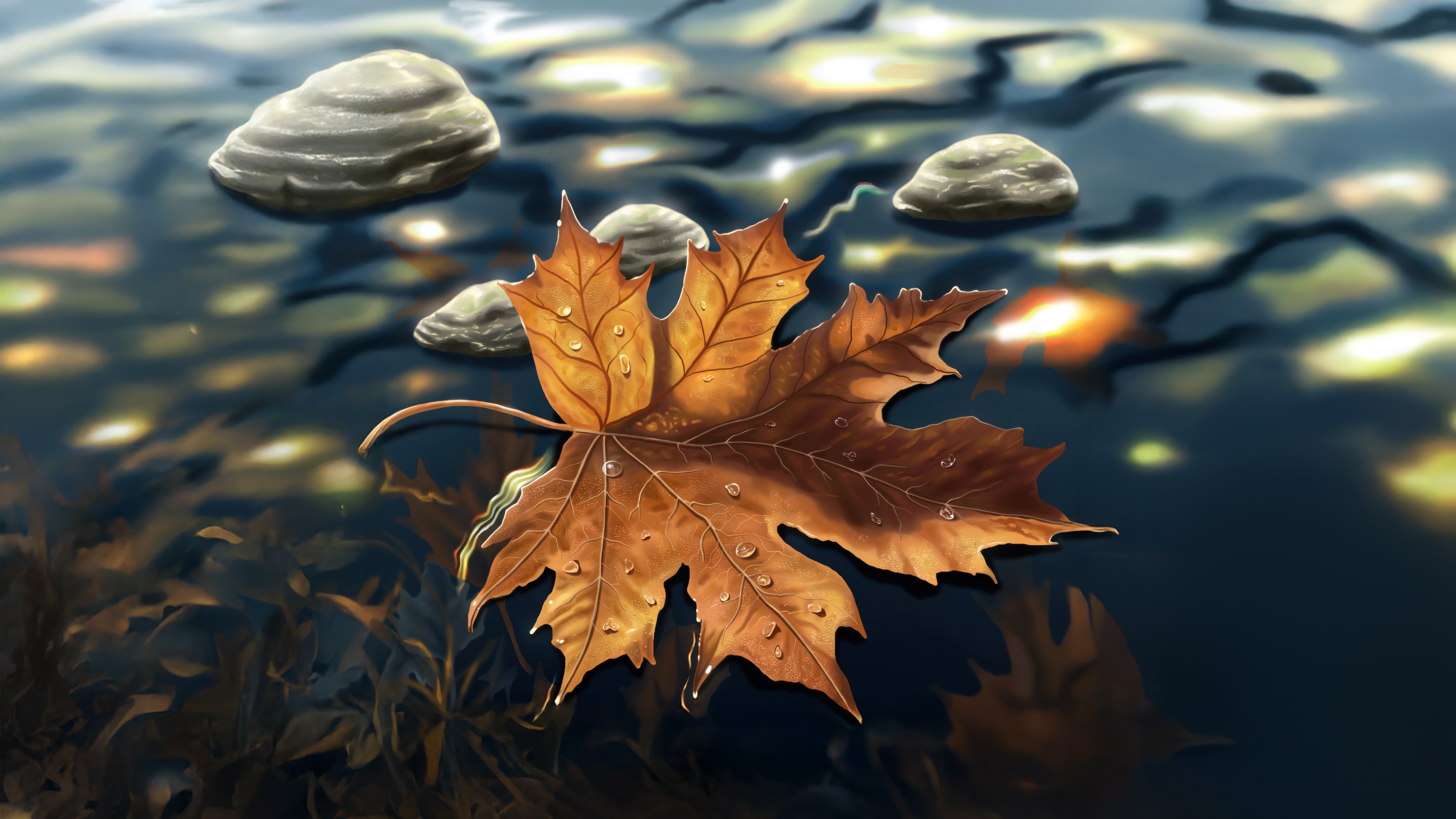Autumn leaf floating on water with rocks HD Wallpaper