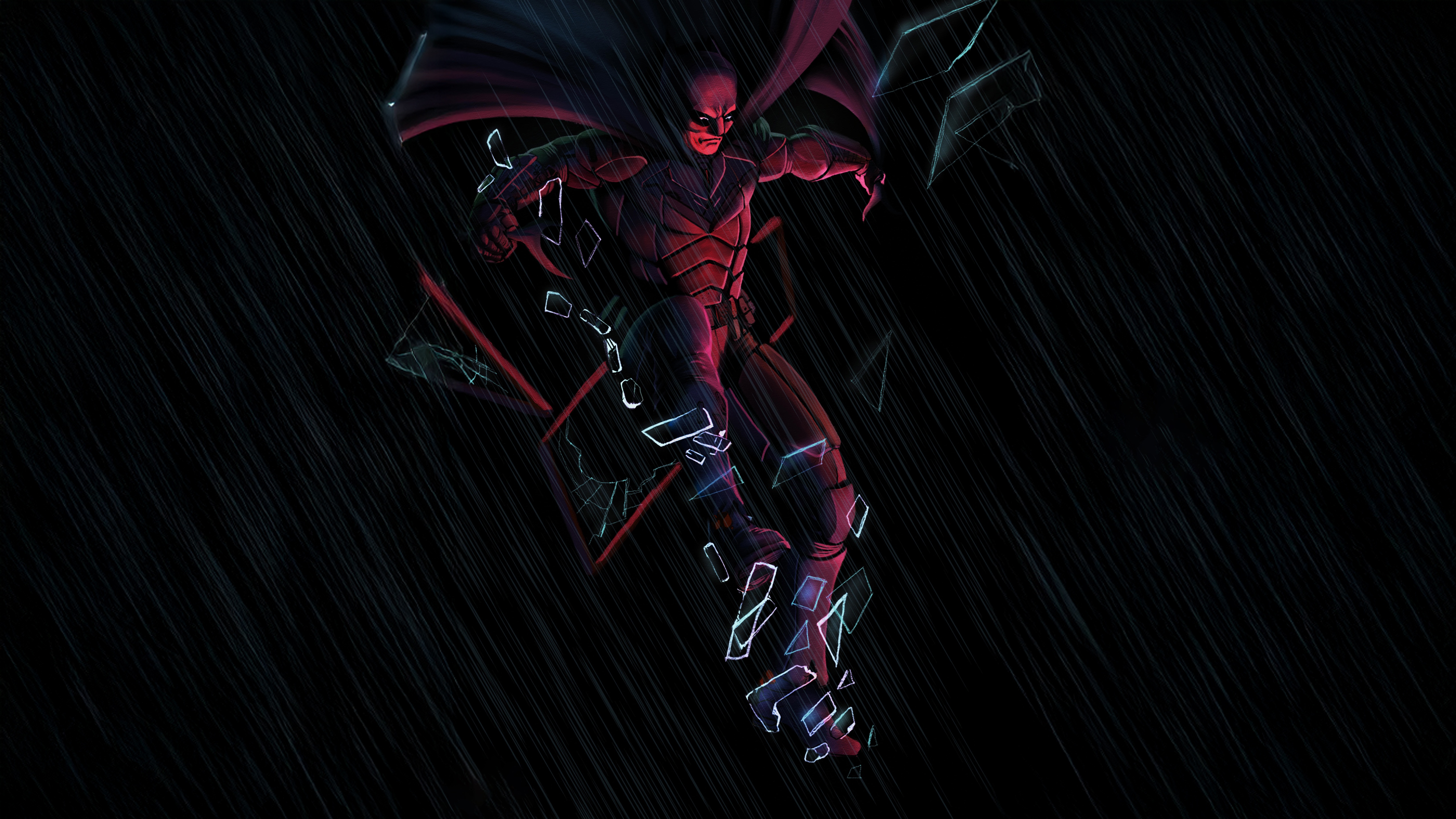 Batman in a dark, rainy scene with shattered glass HD Wallpaper