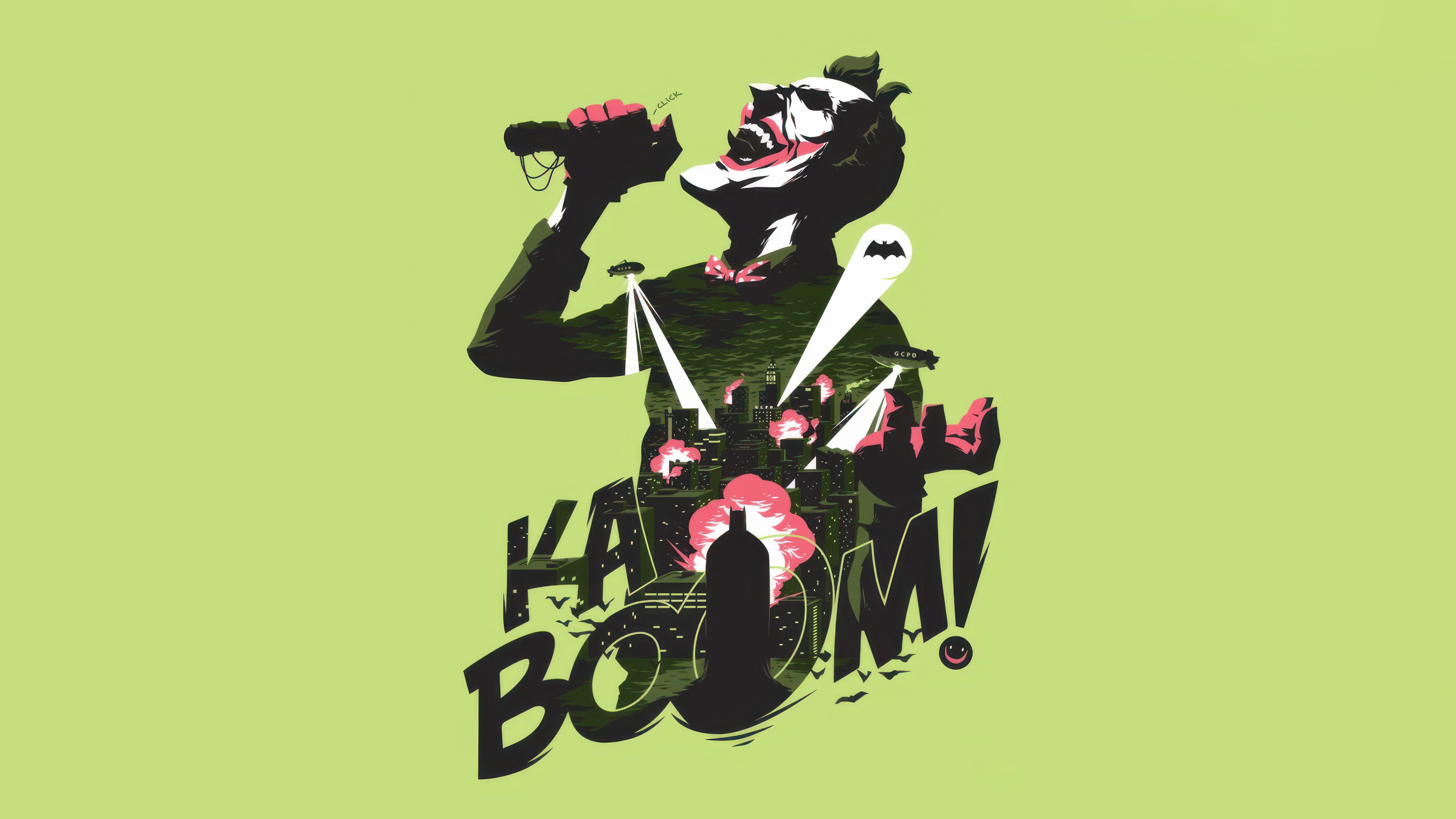 Joker with "KA BOOM!" text and city explosion HD Wallpaper