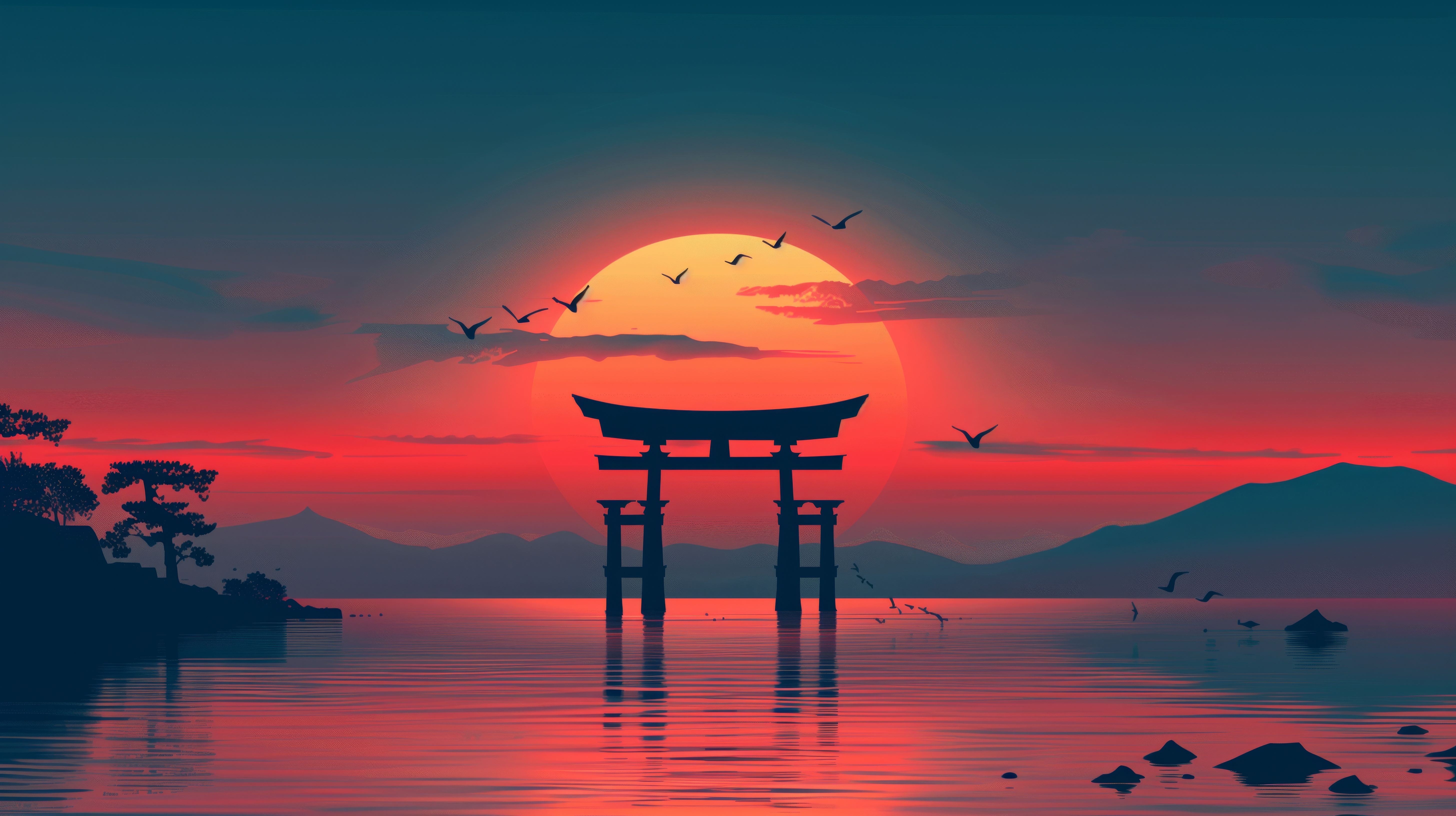 Torii gate at sunset with birds over water HD Wallpaper