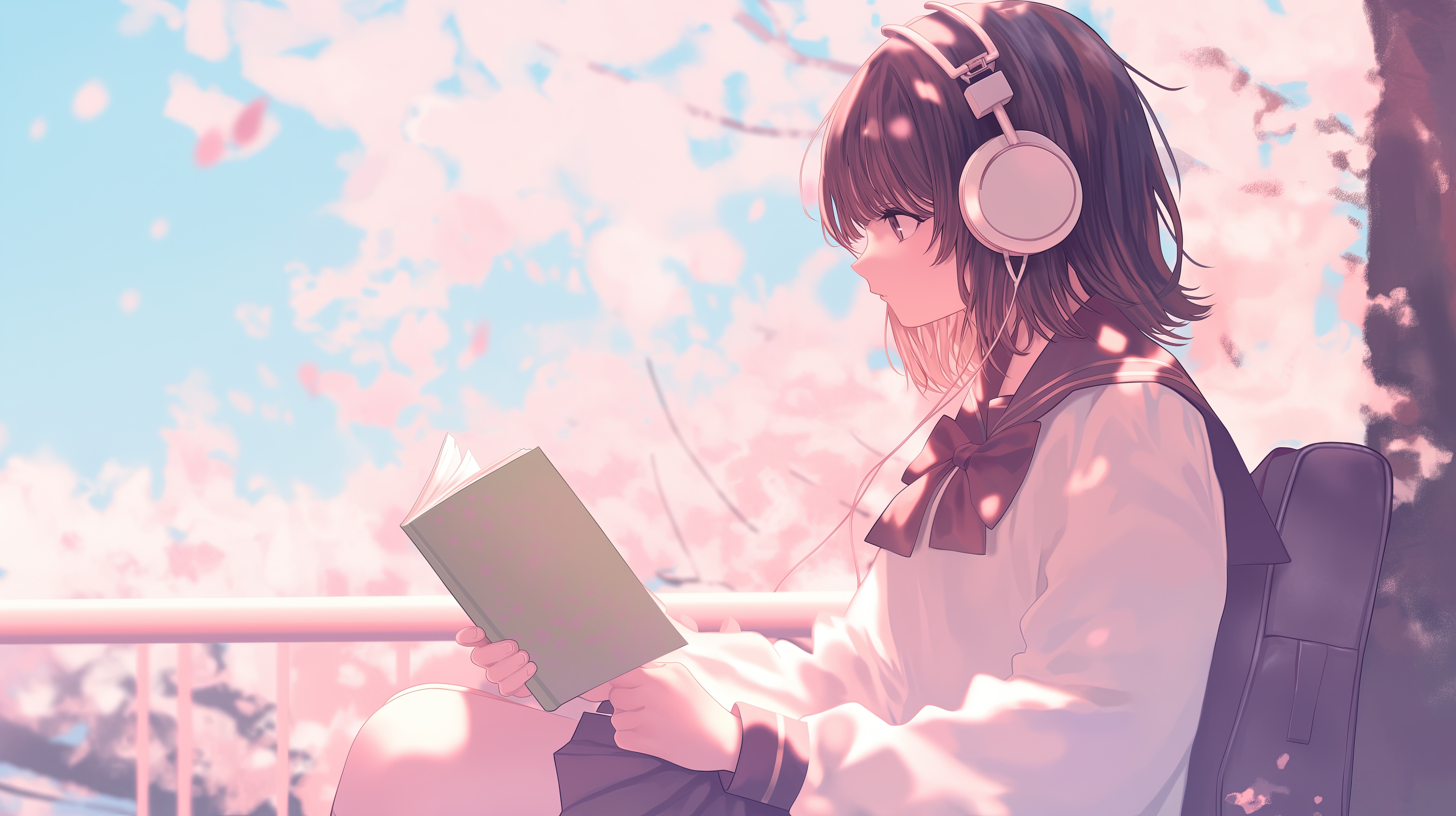 Anime girl with headphones reading a book HD Wallpaper