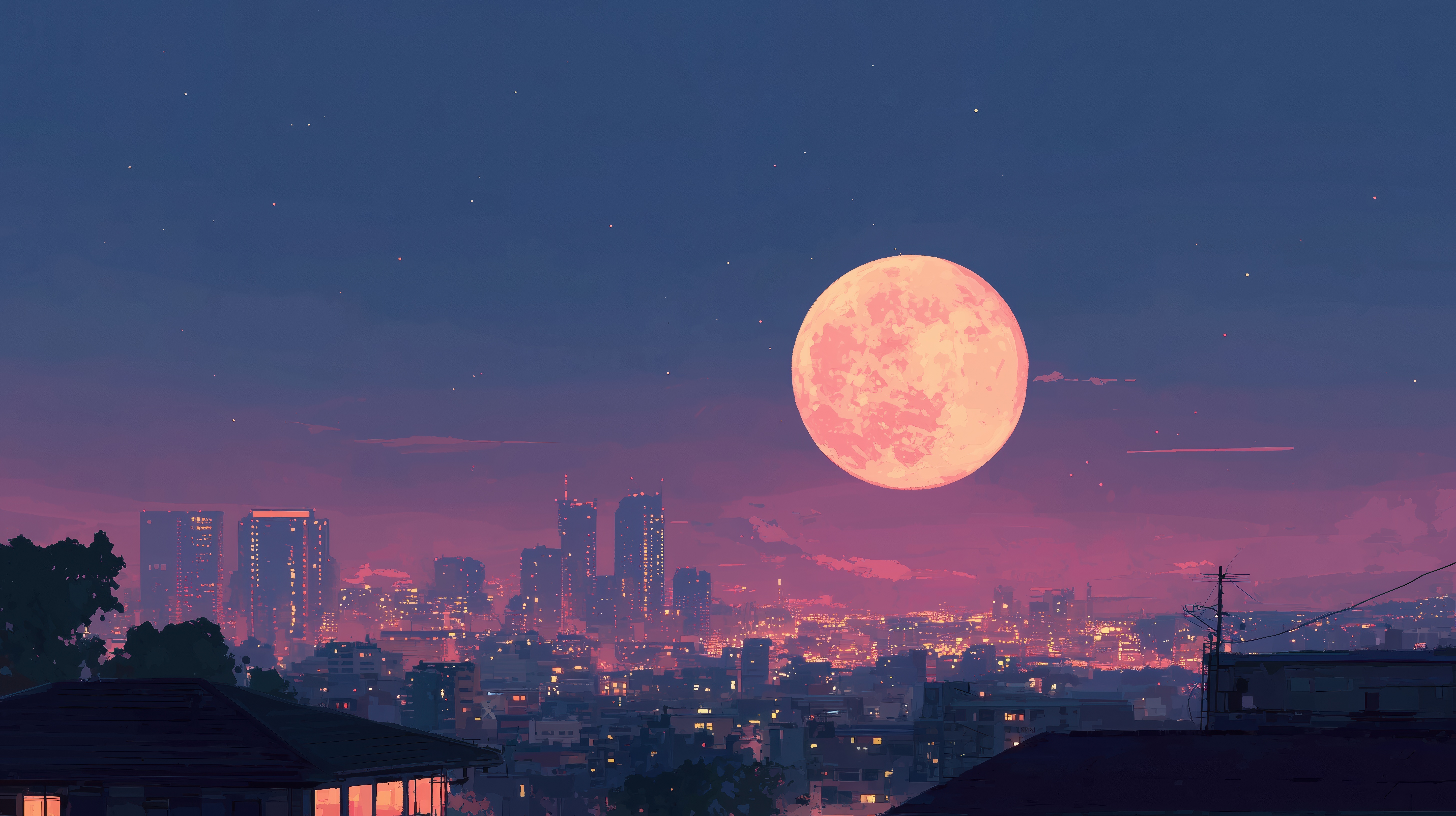Full Moon Over City Skyline at Dusk HD Wallpaper