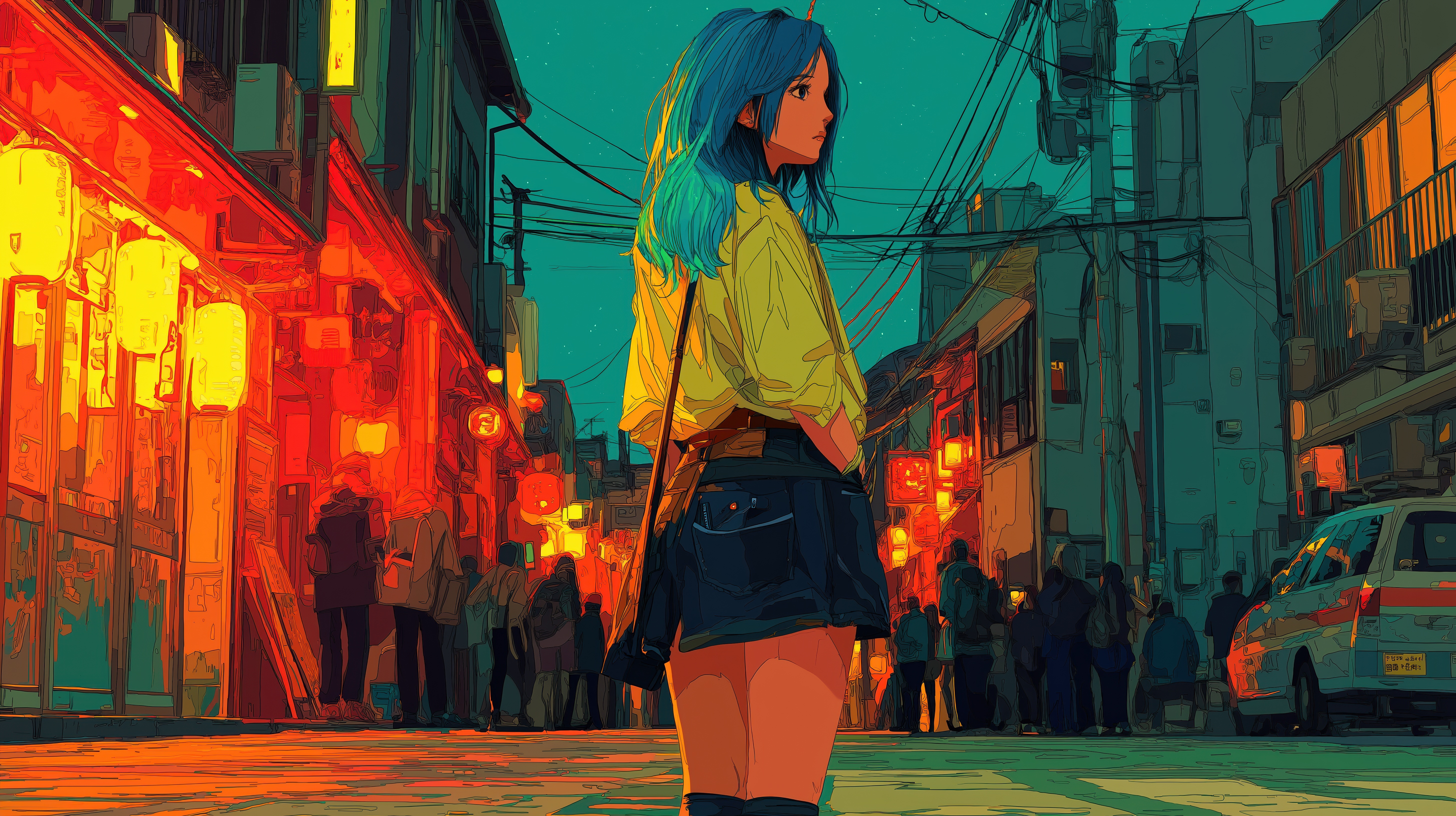 Girl with blue hair in a crowd at night HD Wallpaper