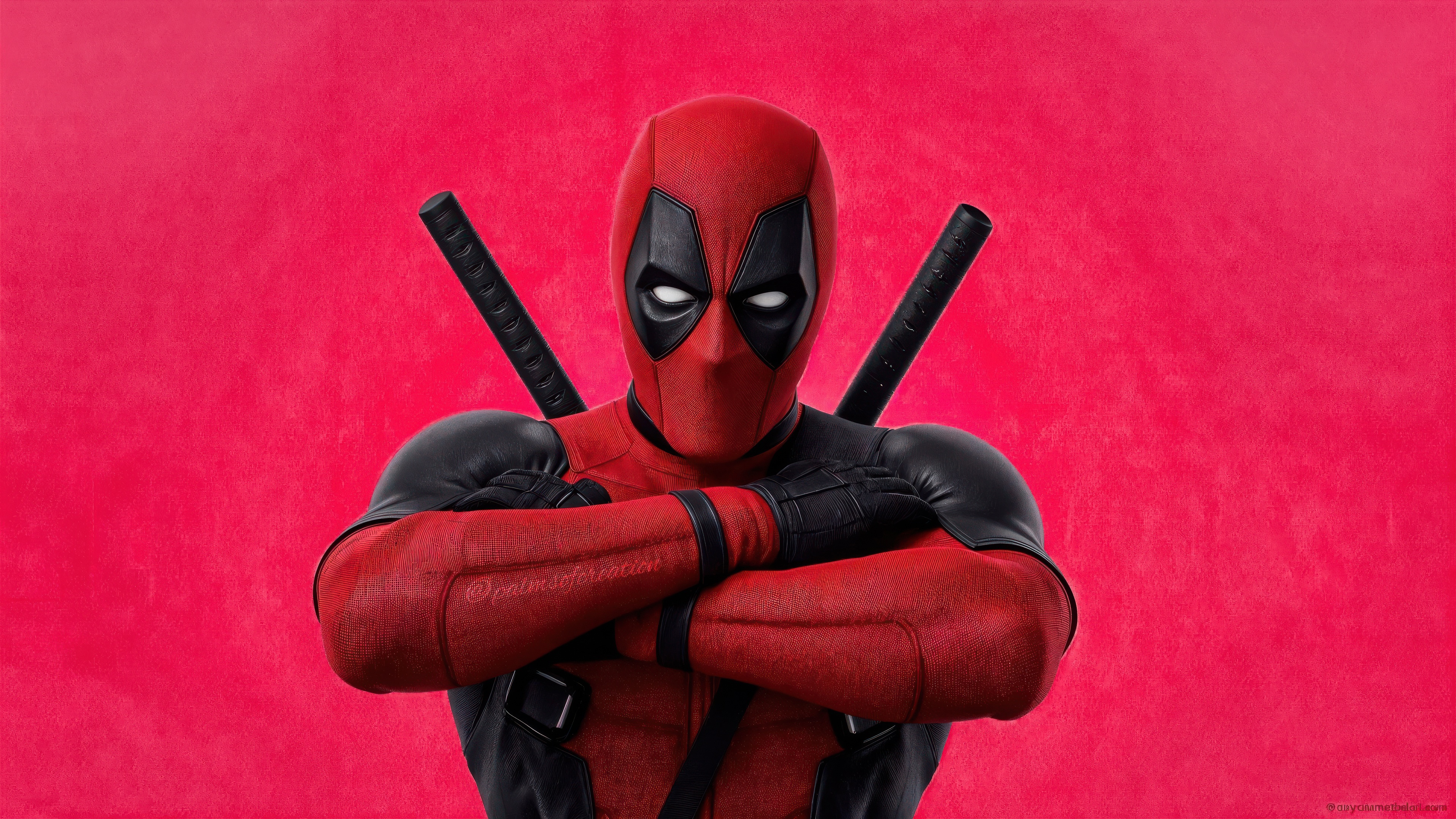 Deadpool with swords on red background HD Wallpaper