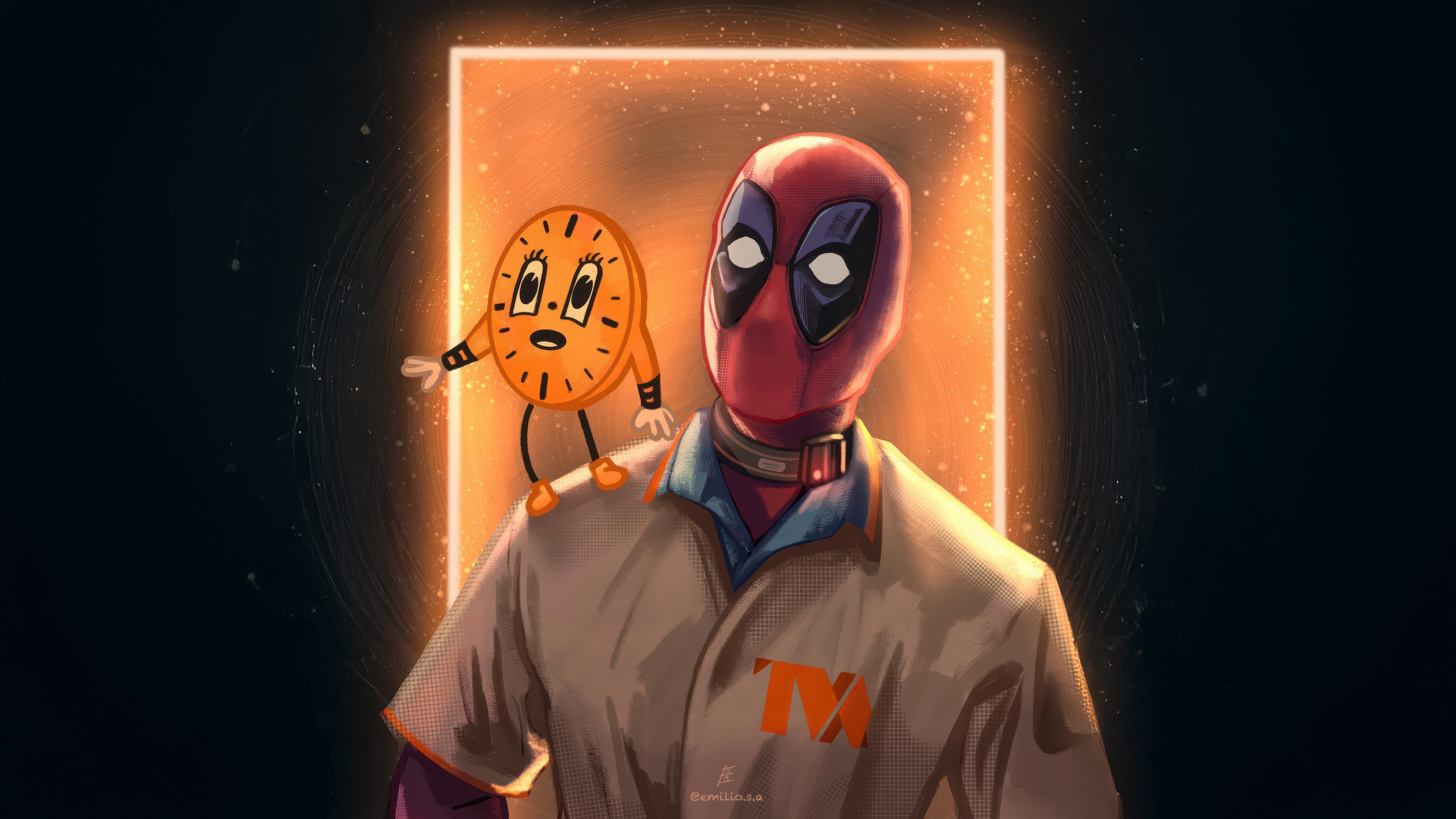 Deadpool and a cartoon clock character HD Wallpaper