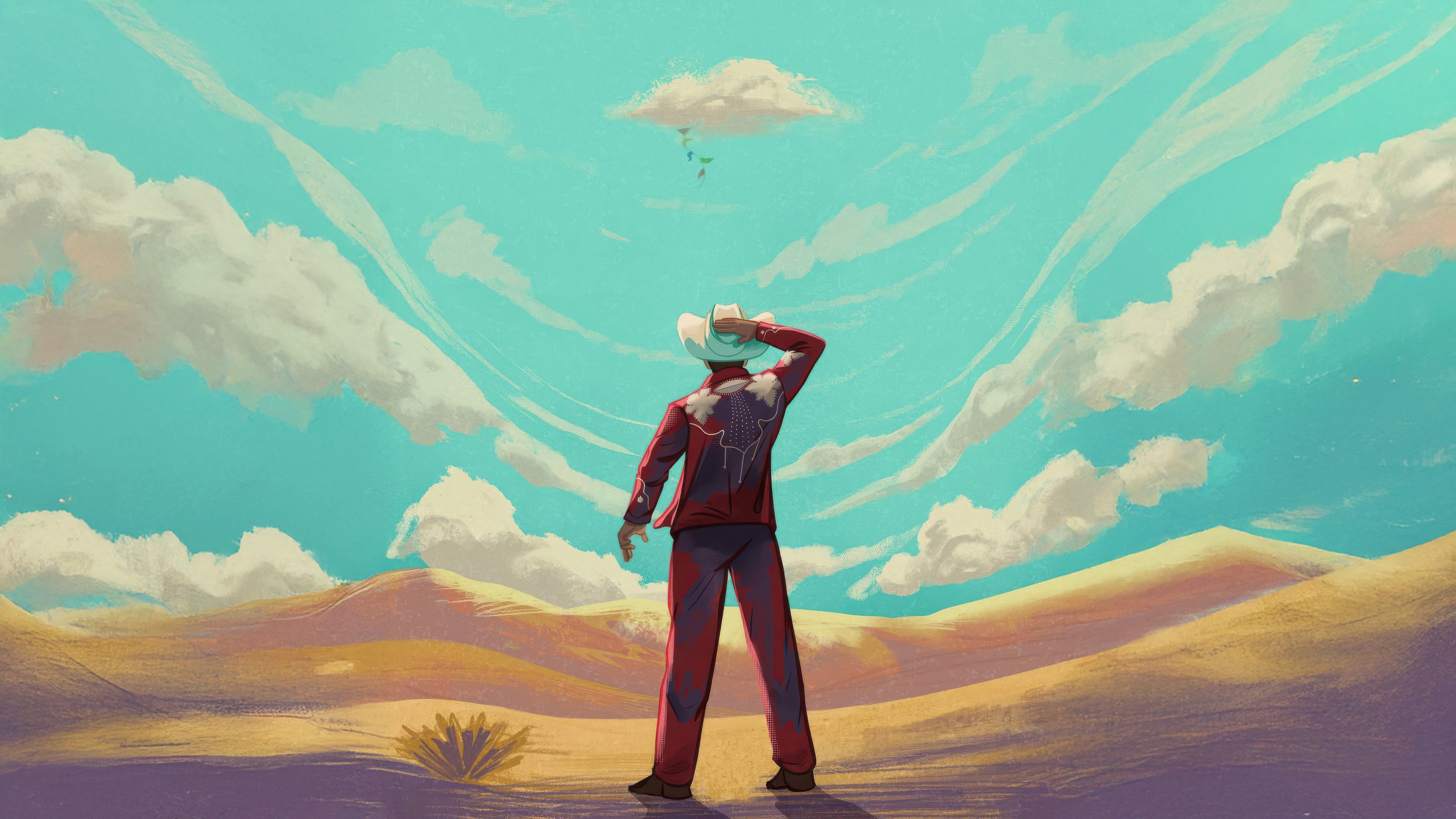Cowboy in a desert looking at a cloud HD Wallpaper