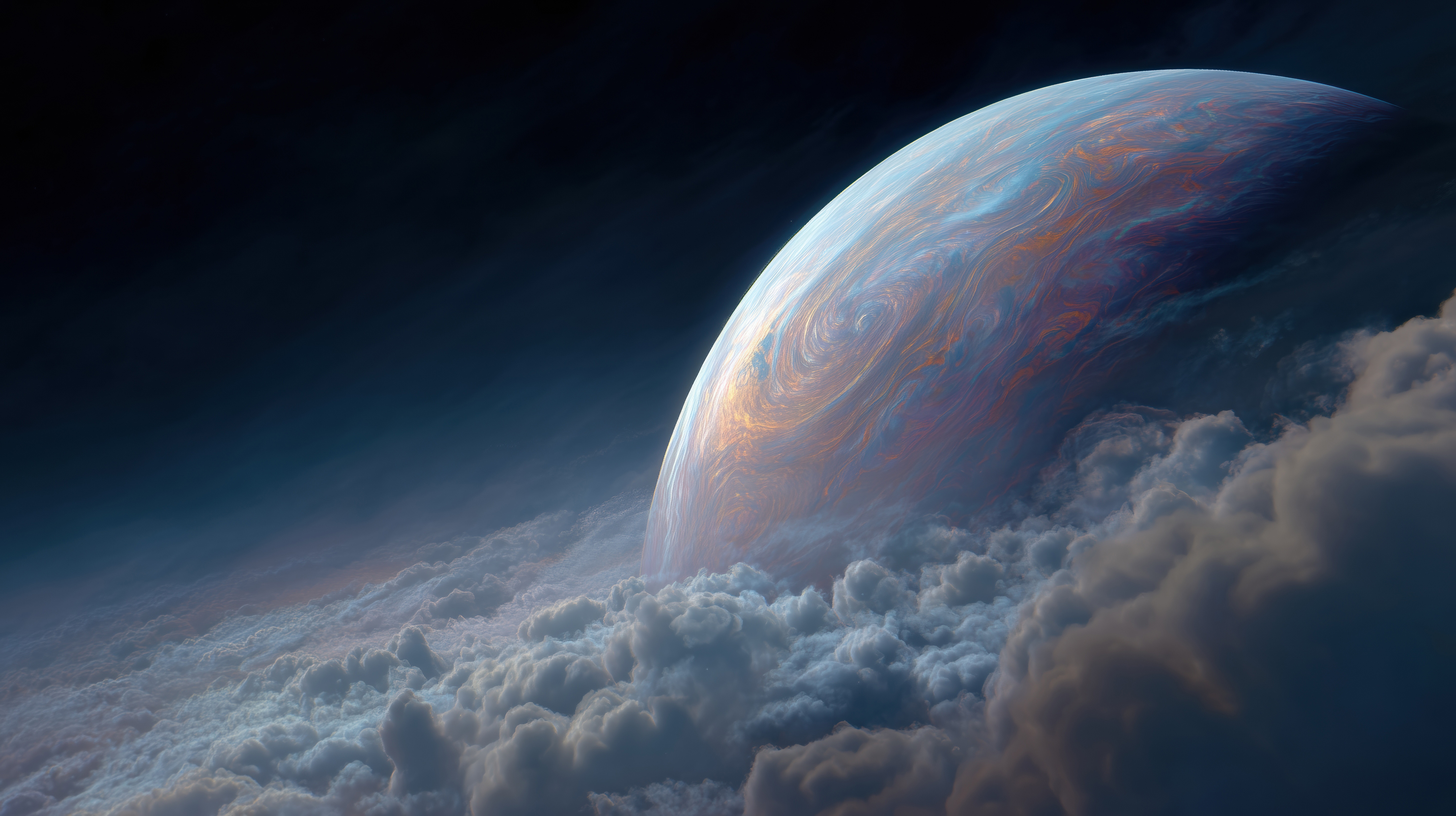 A gas giant planet emerges from swirling clouds HD Wallpaper