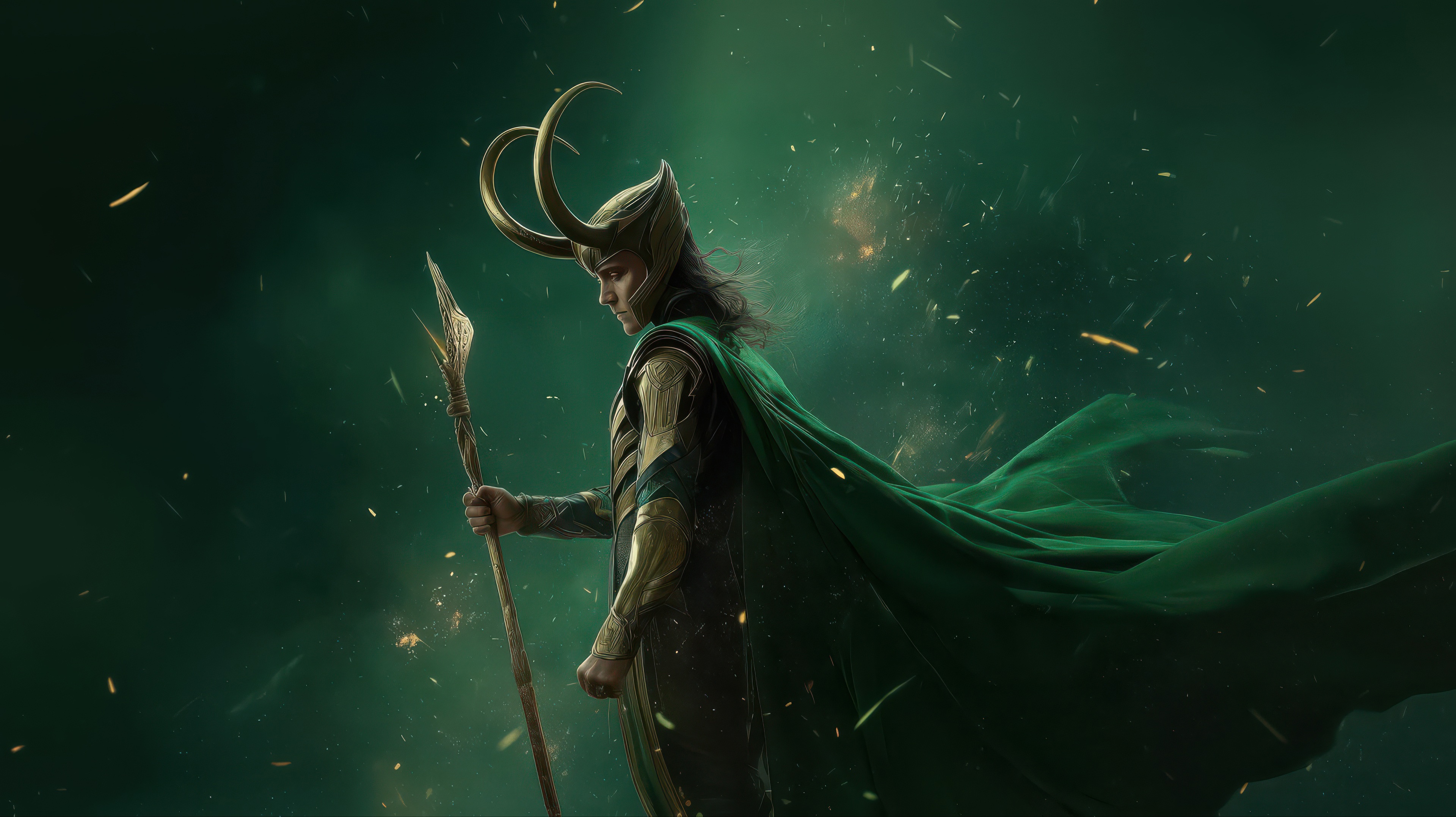 Loki holding a staff with a green cape HD Wallpaper