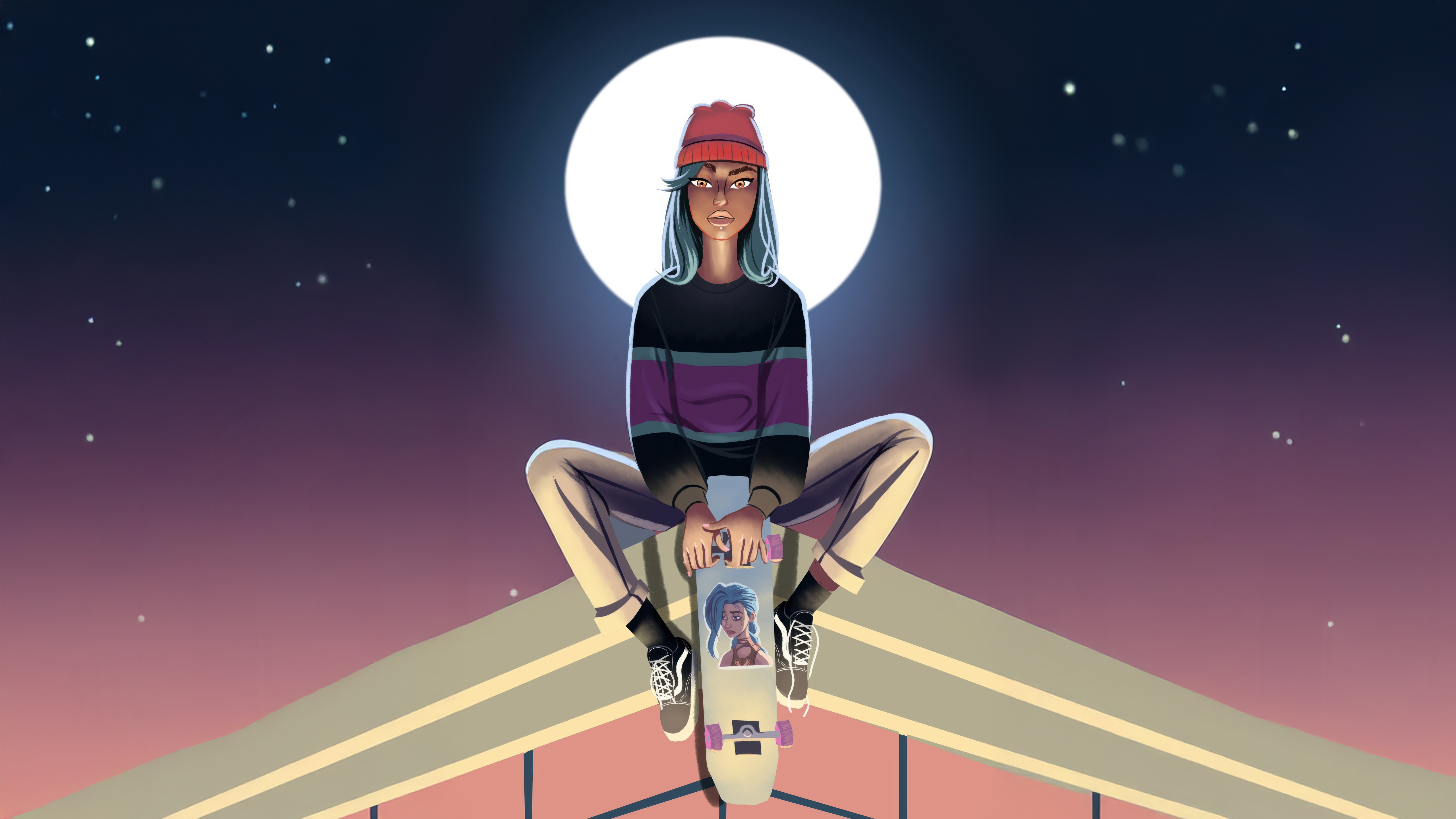 Girl with Skateboard Under the Moonlight HD Wallpaper