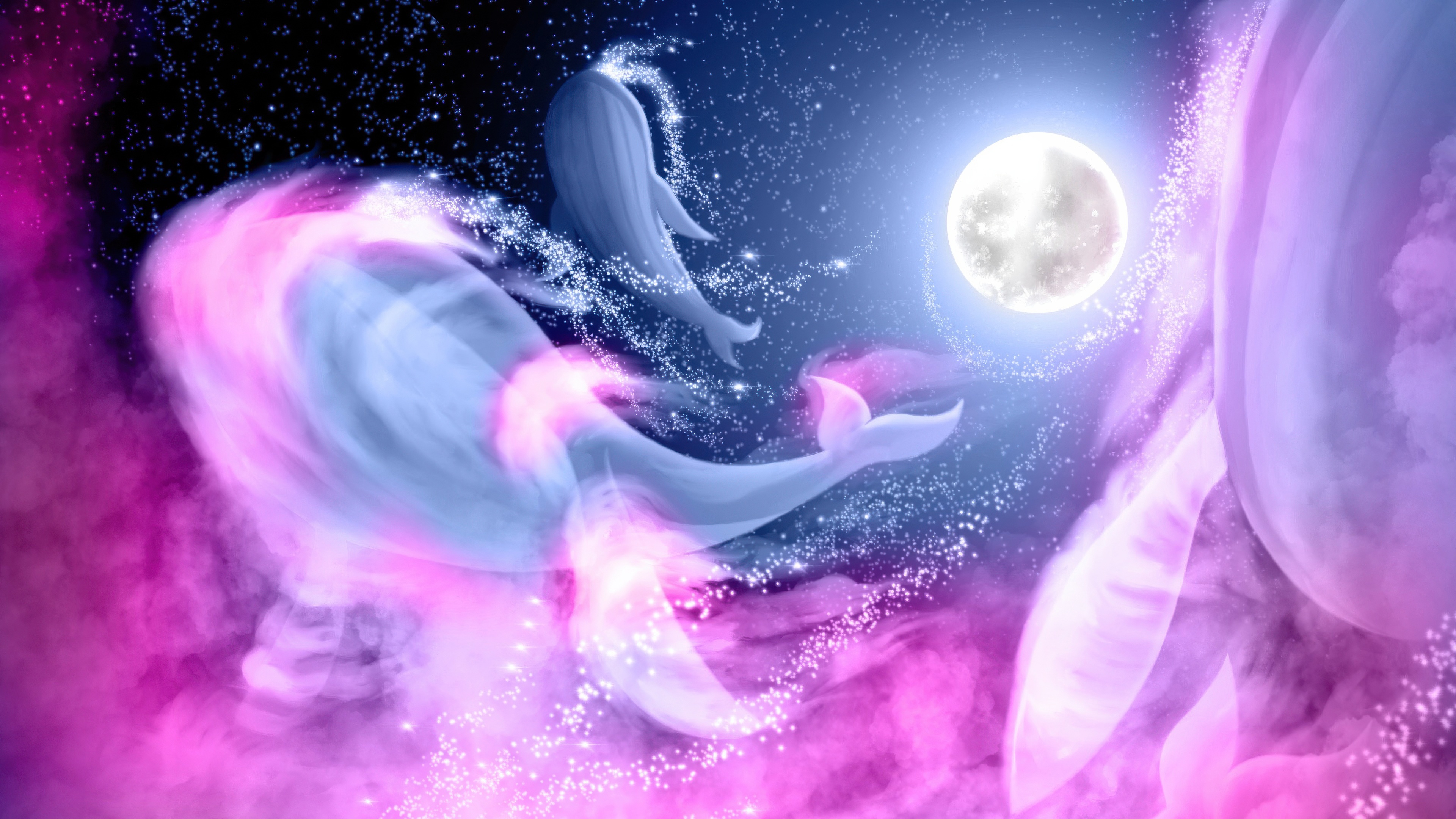 Whales swimming in a starry sky with a moon HD Wallpaper