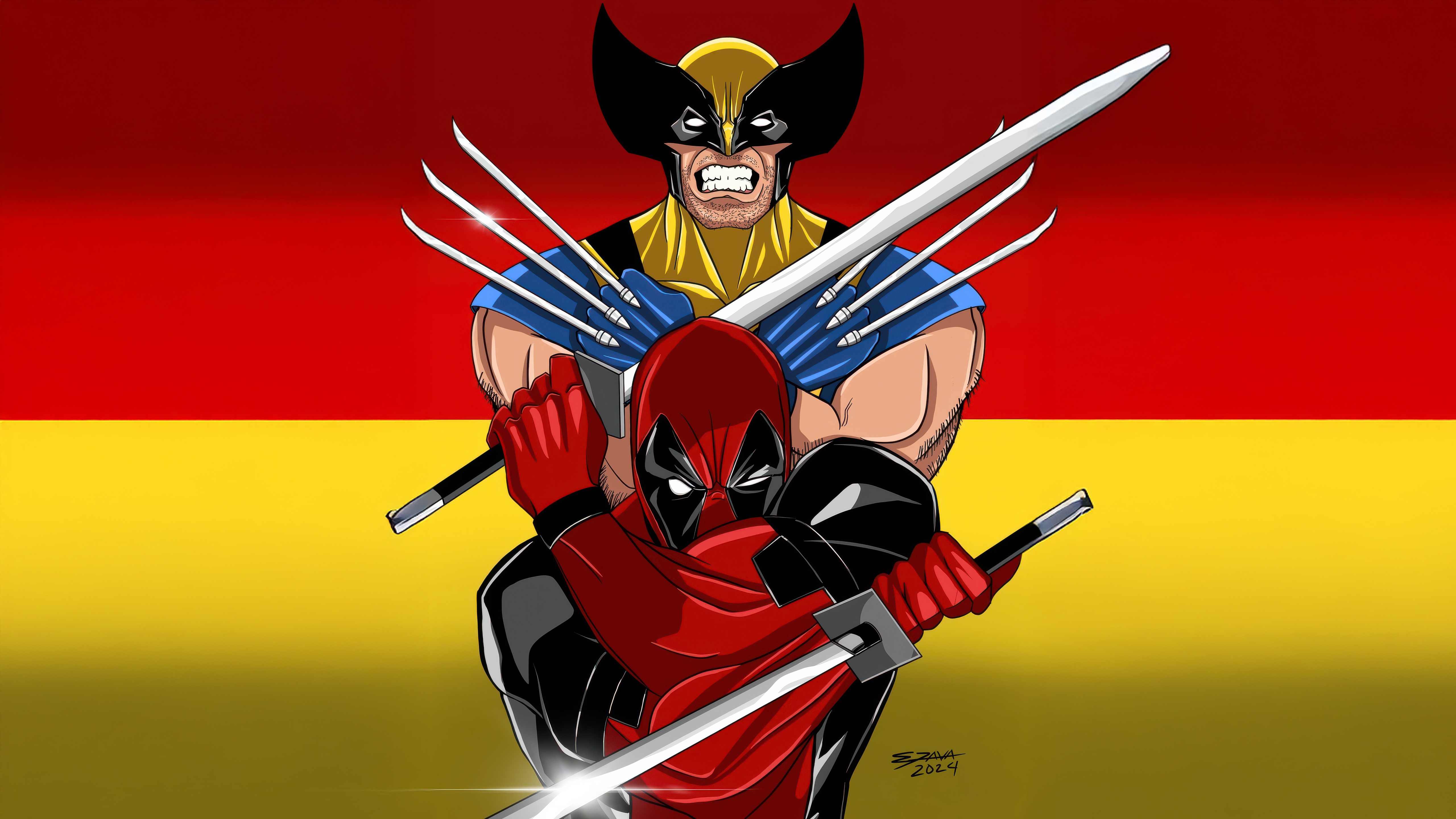 Deadpool and Wolverine with swords HD Wallpaper