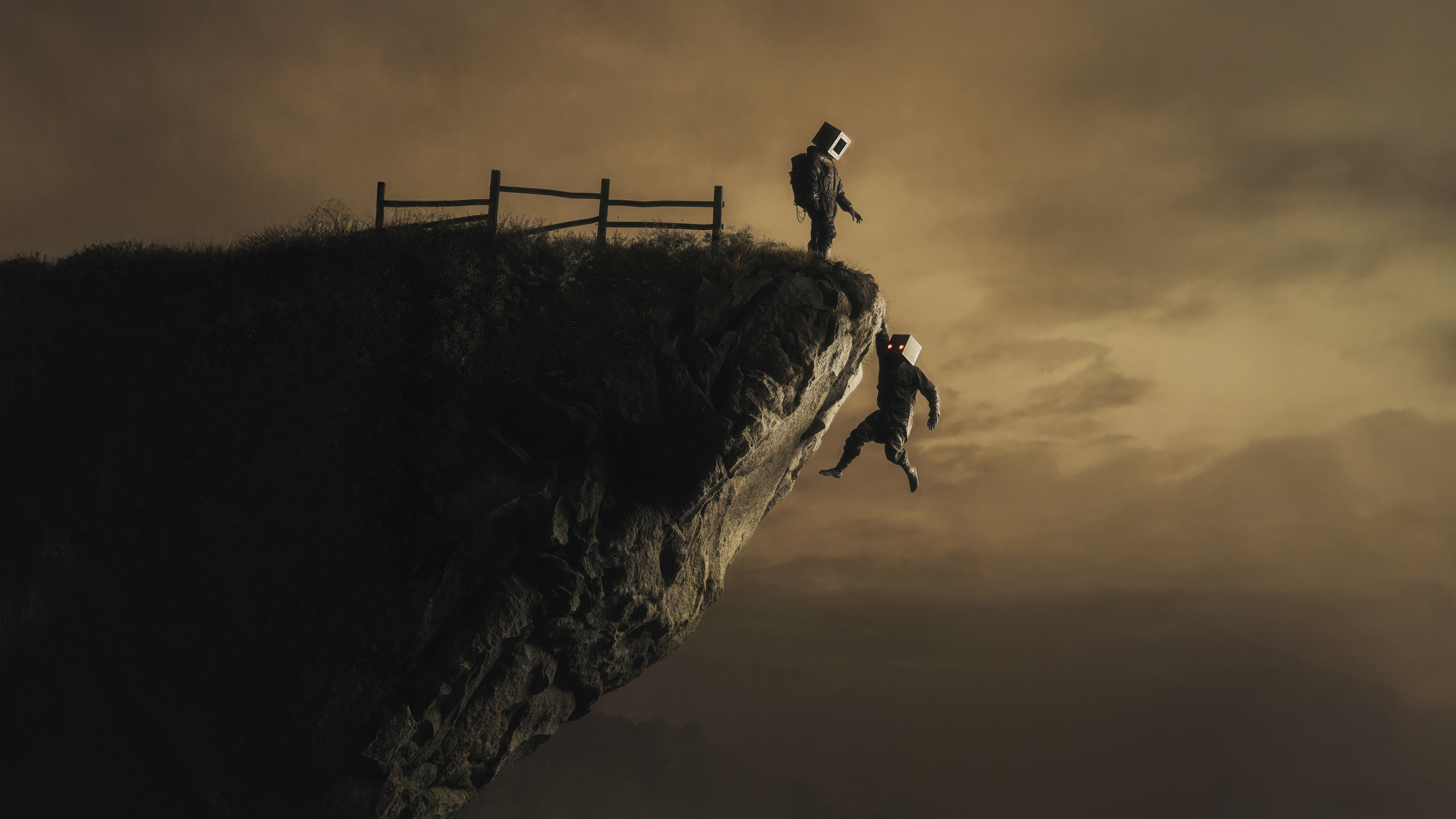 Man on cliff saving friend hanging off edge HD Wallpaper