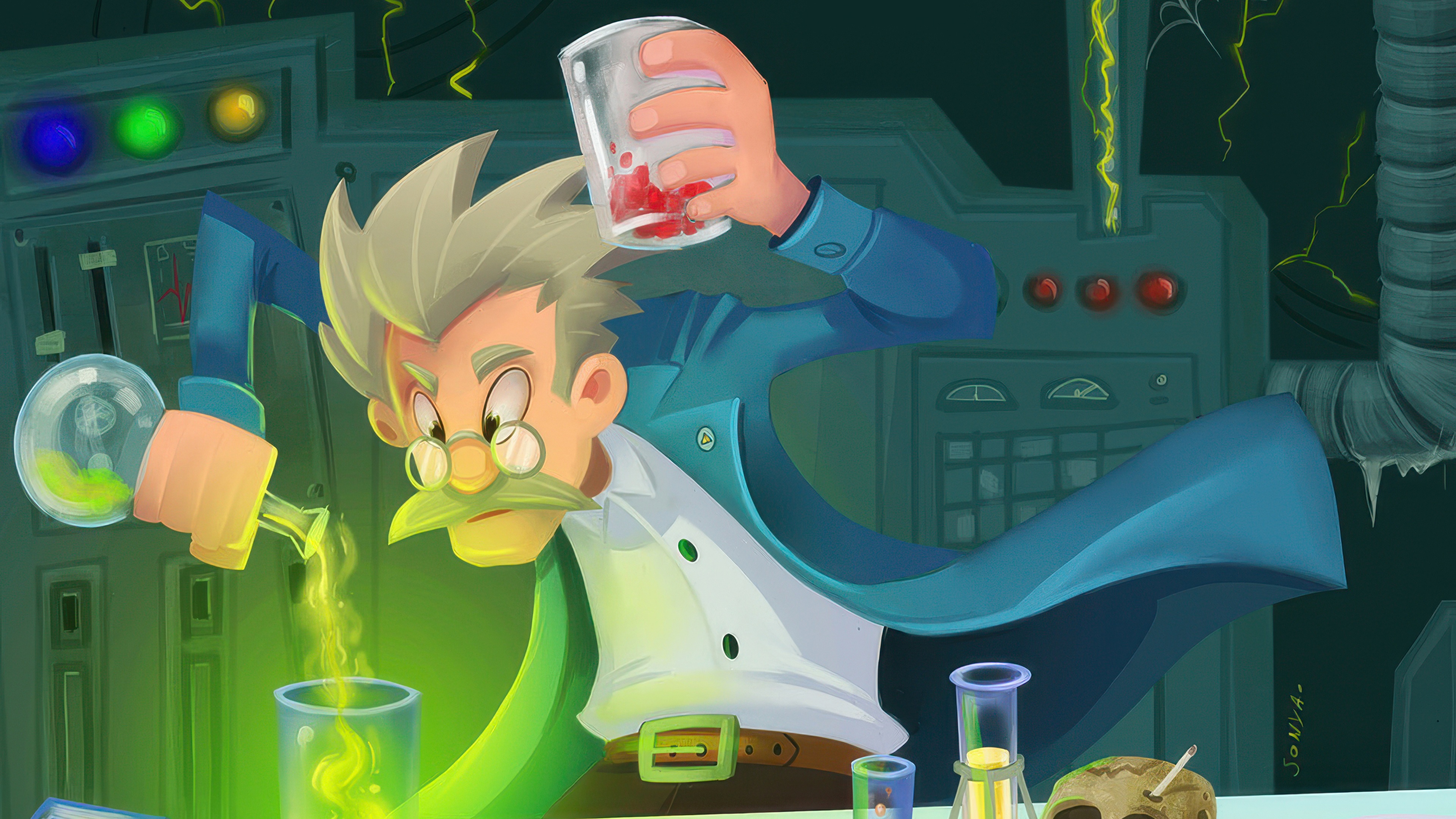 Mad scientist in a laboratory with bubbling beakers HD Wallpaper