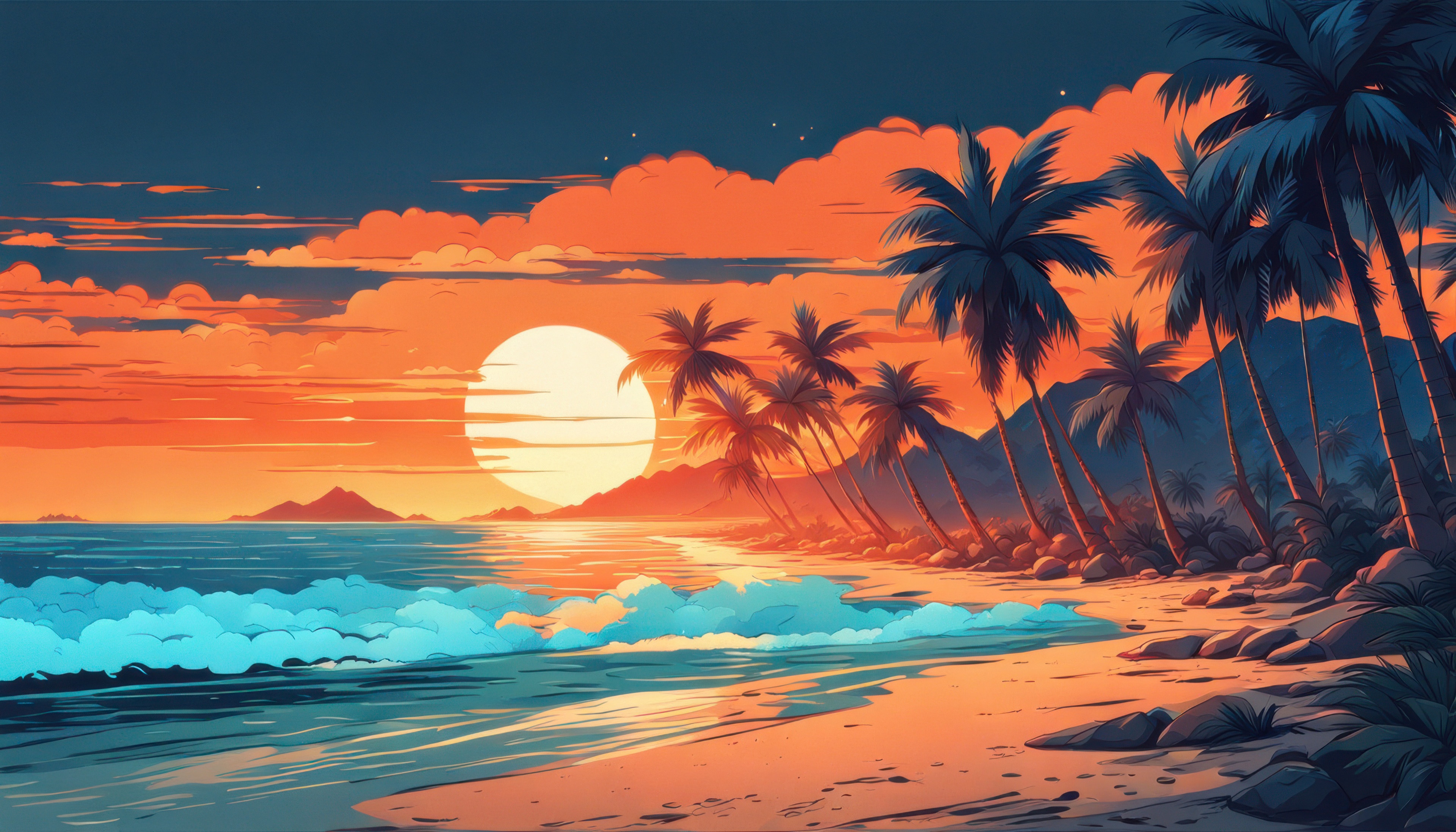 Tropical Paradise Sunset with Palm Trees and Ocean HD Wallpaper