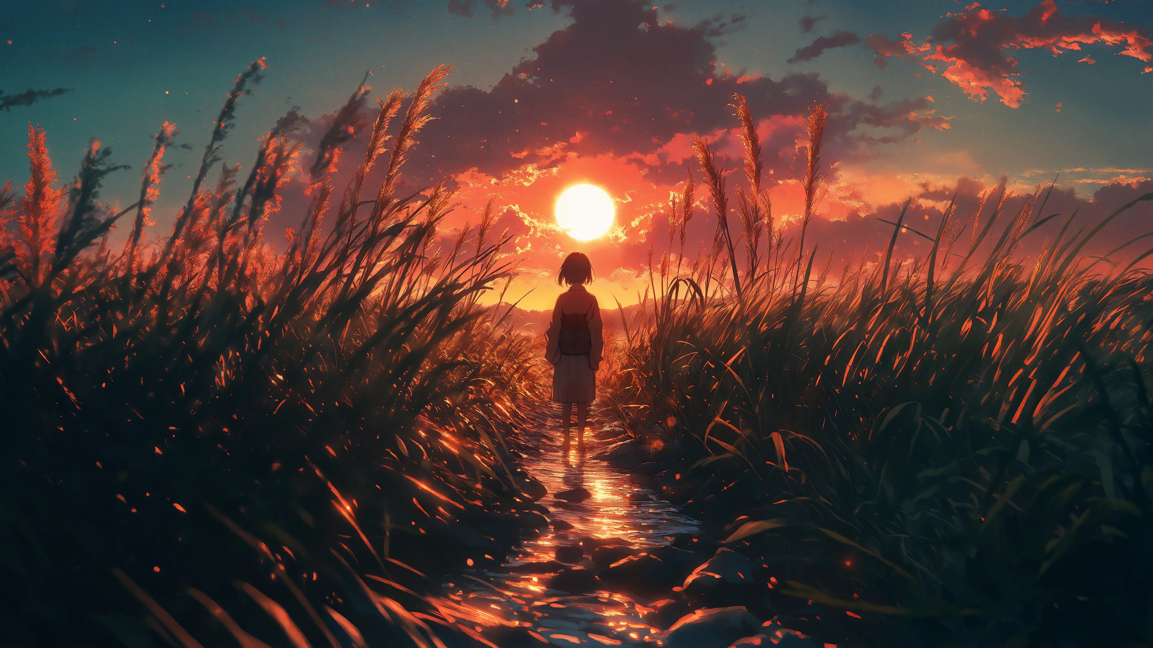 Girl walking through a field at sunset HD Wallpaper