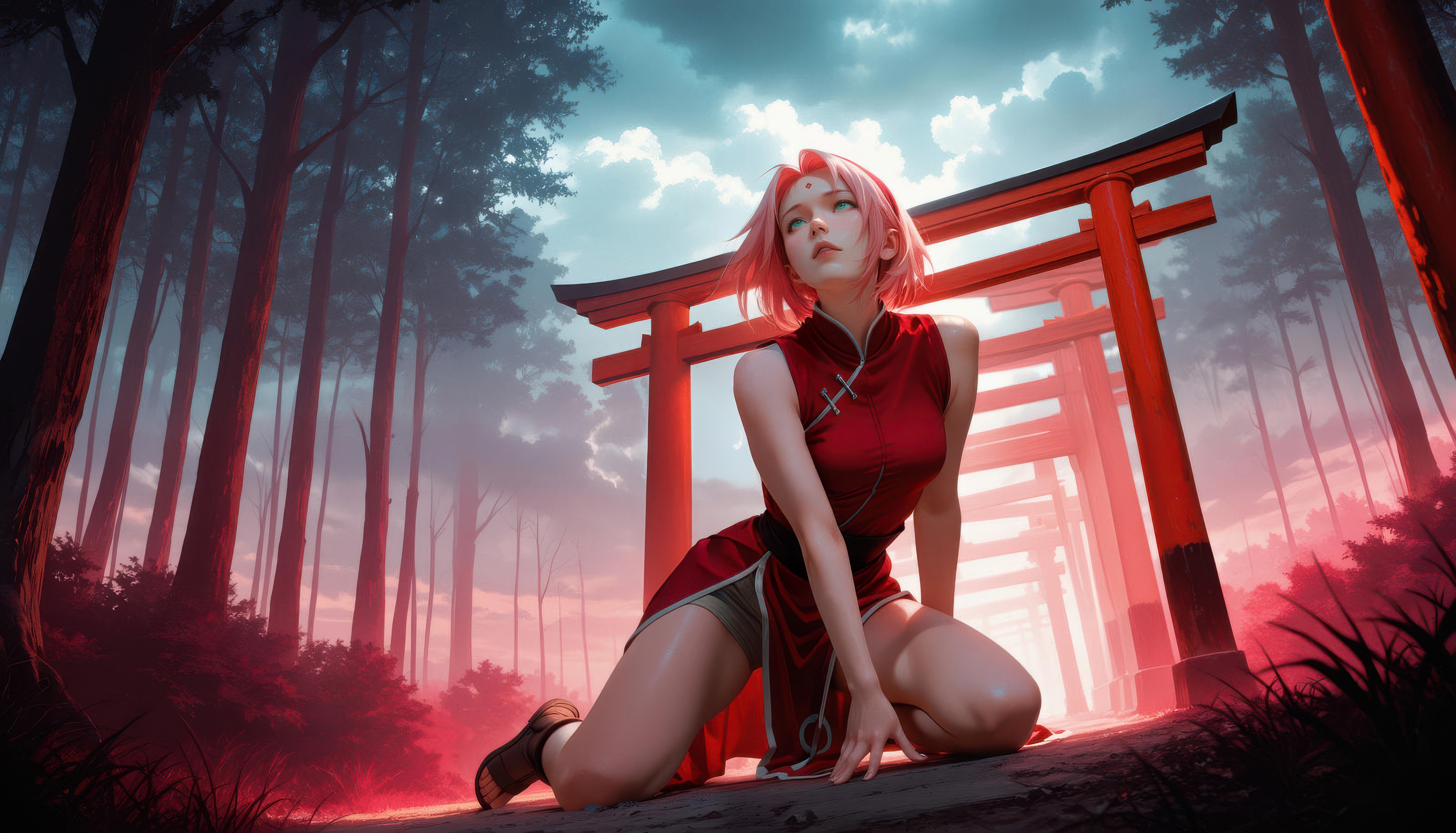 Sakura Haruno in a Japanese Torii Gate Forest HD Wallpaper