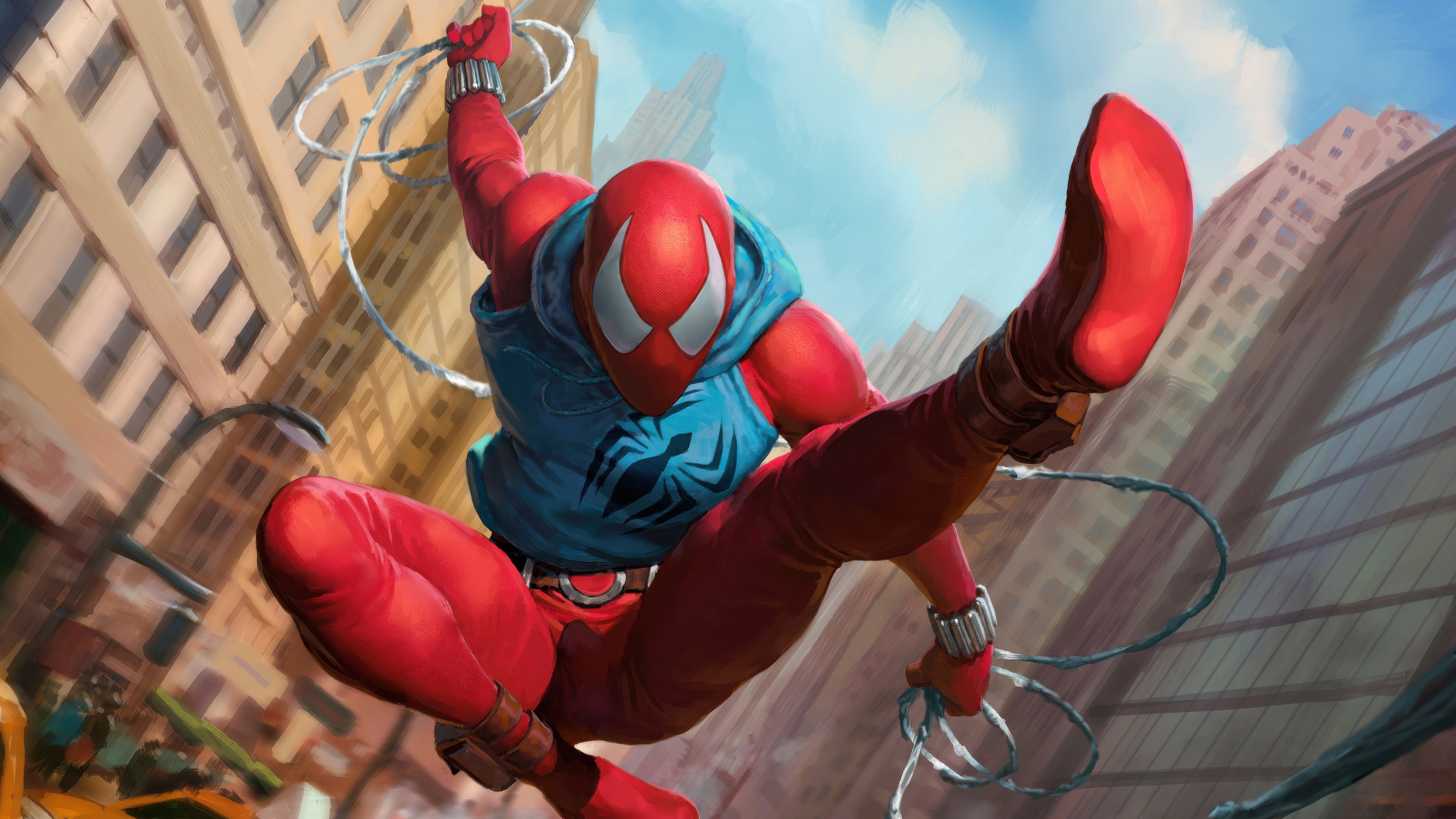 Scarlet Spider swinging through a city HD Wallpaper