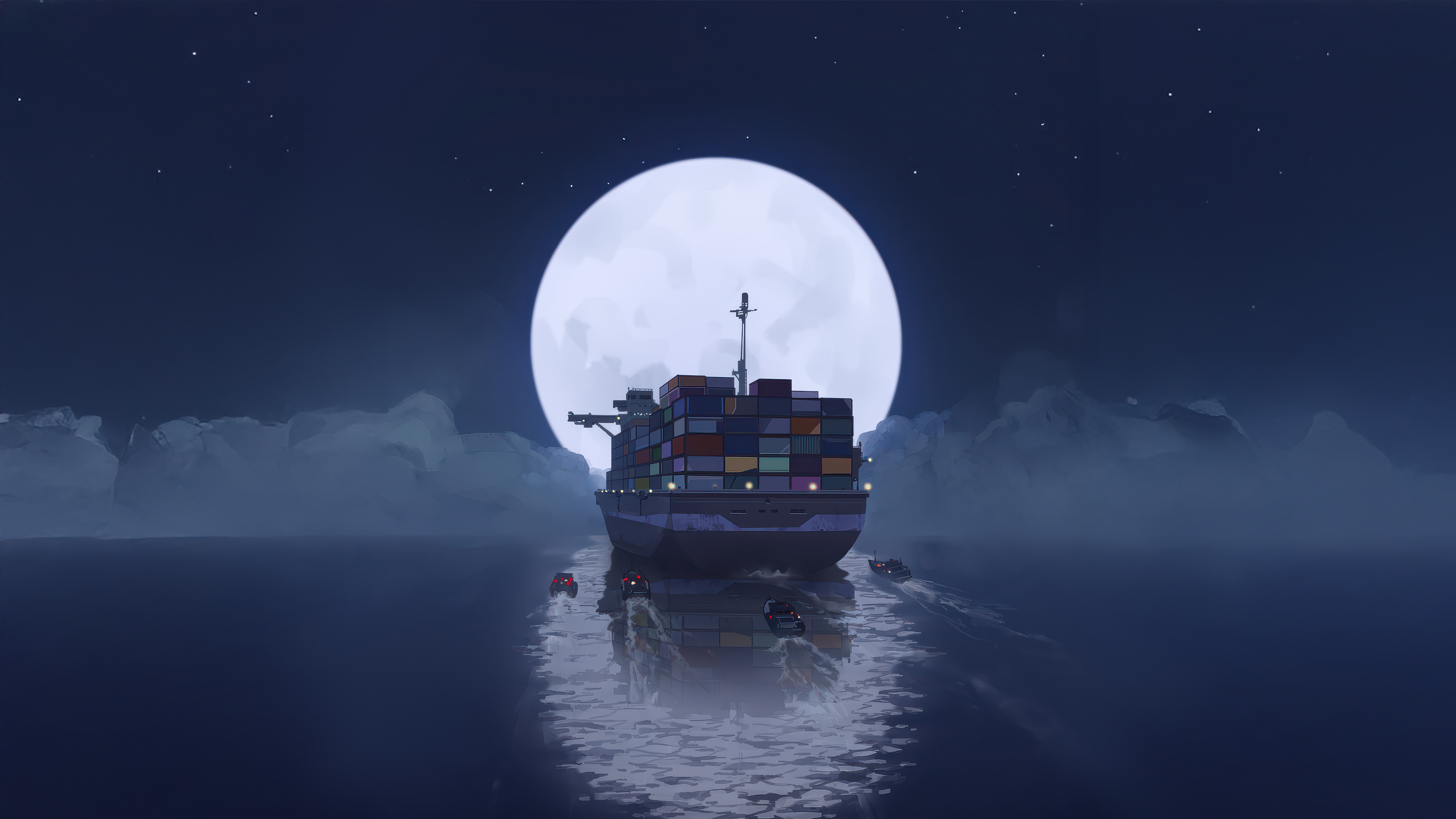 Container ship sailing under a large moon at night HD Wallpaper