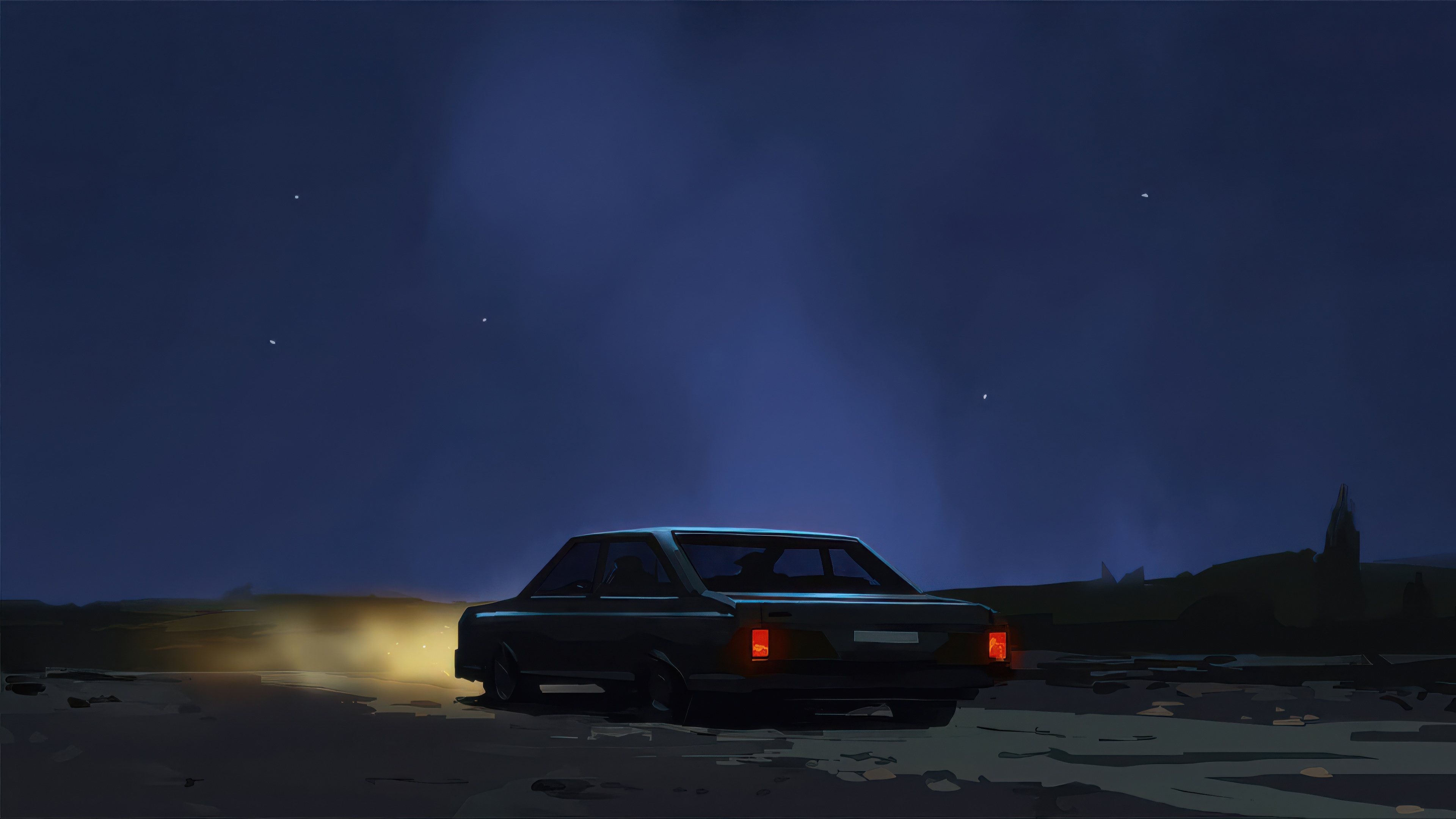 Car driving at night under starry sky HD Wallpaper