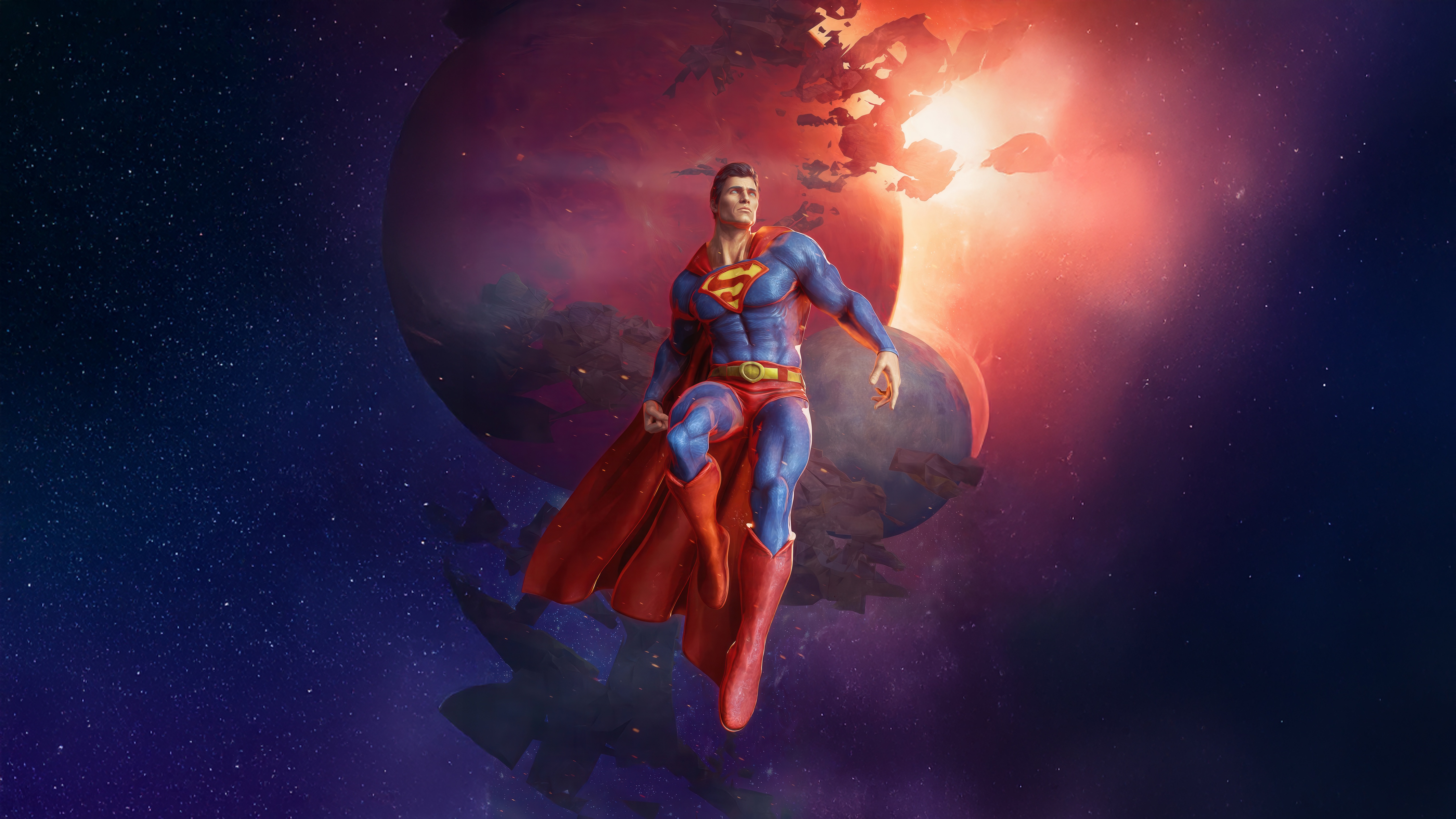 Superman in mid-air against a cosmic backdrop HD Wallpaper