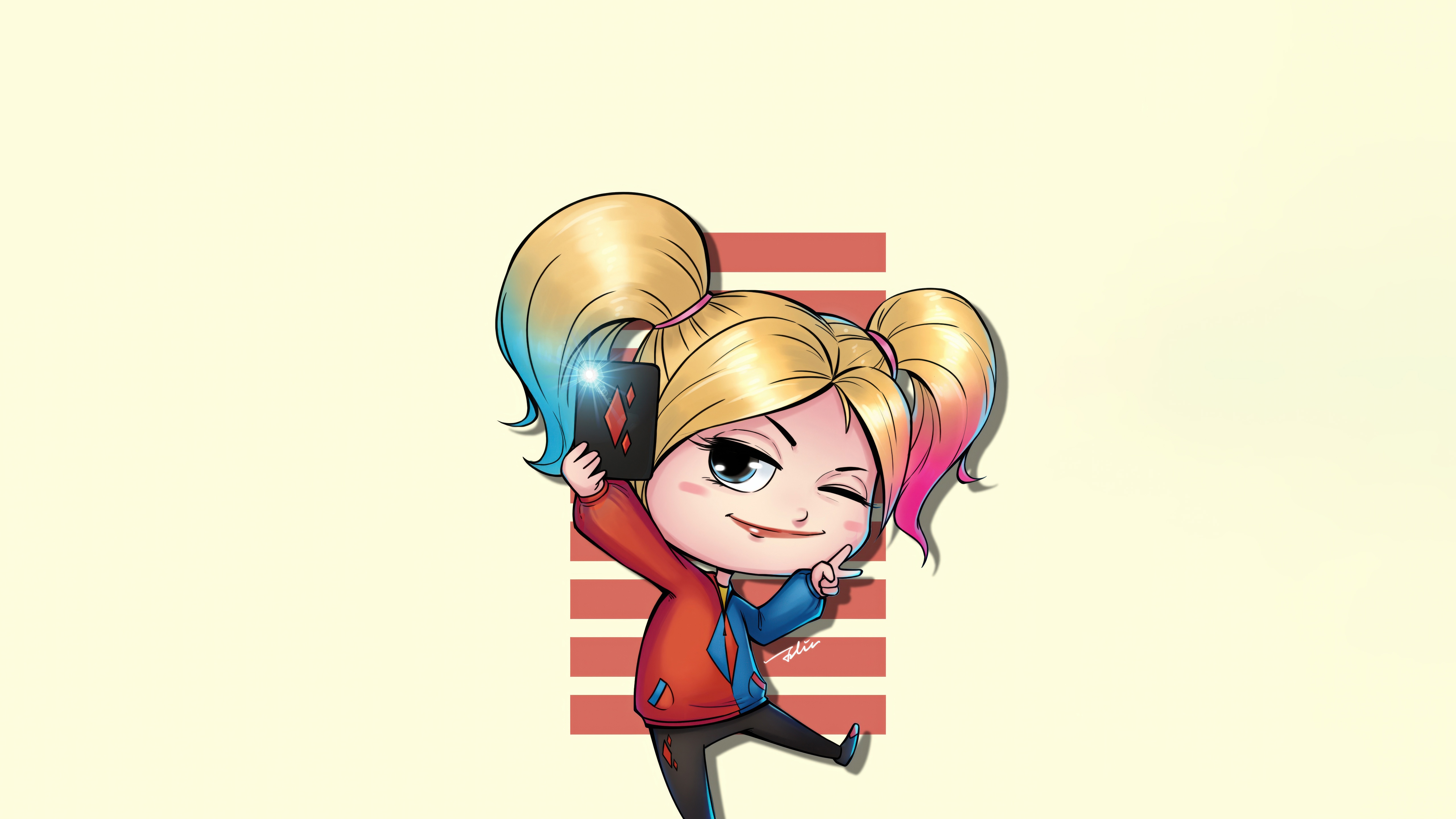 Chibi Harley Quinn holding a playing card HD Wallpaper