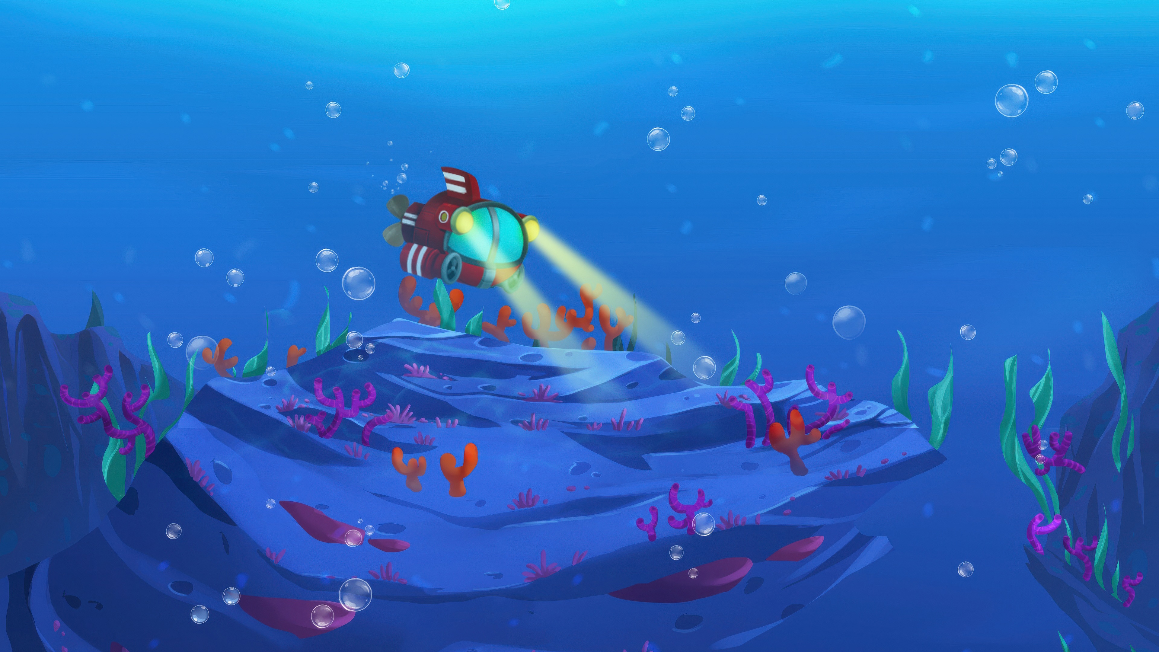 Submarine exploring a coral reef underwater HD Wallpaper