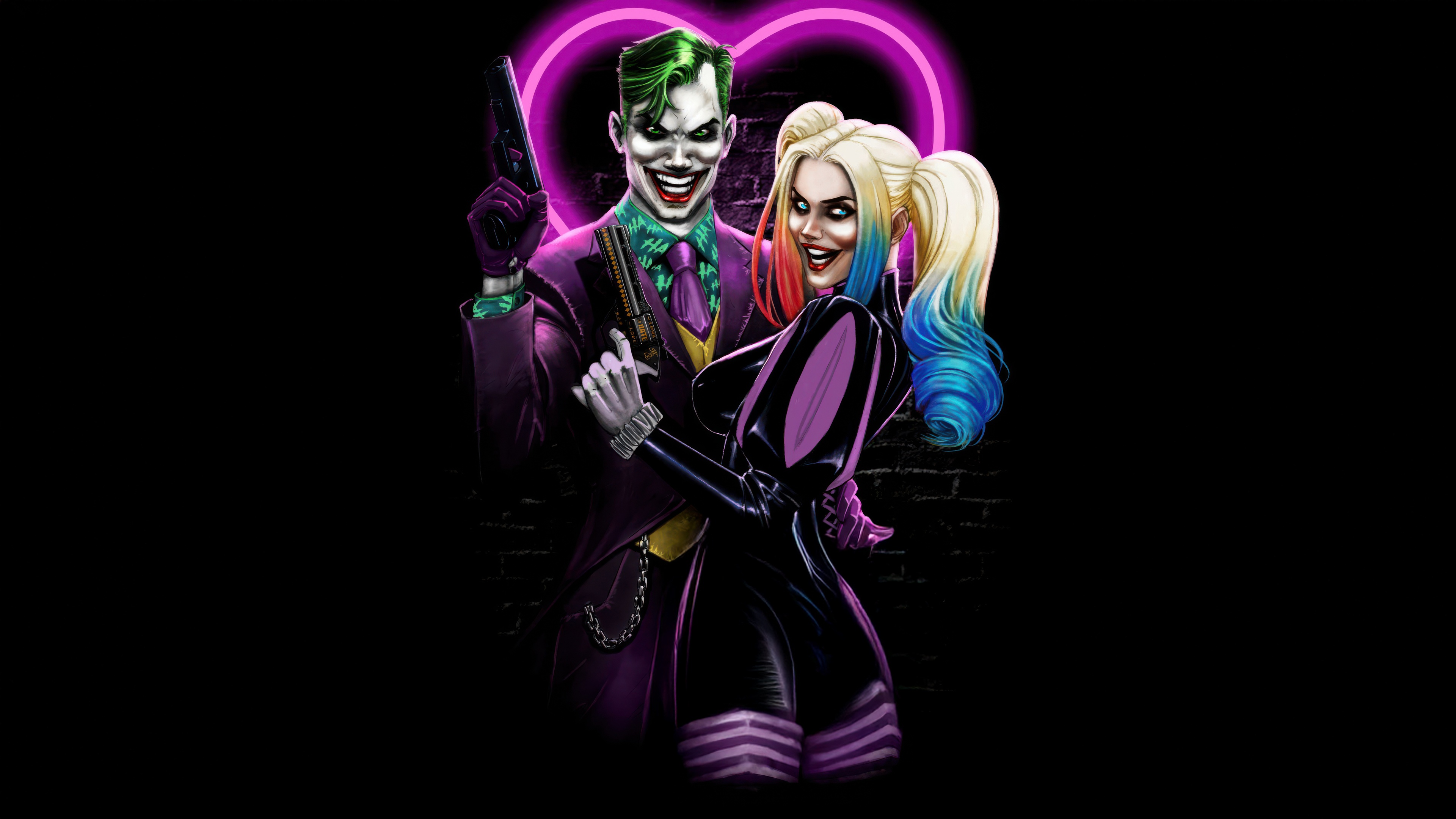 Joker and Harley Quinn with a neon heart HD Wallpaper