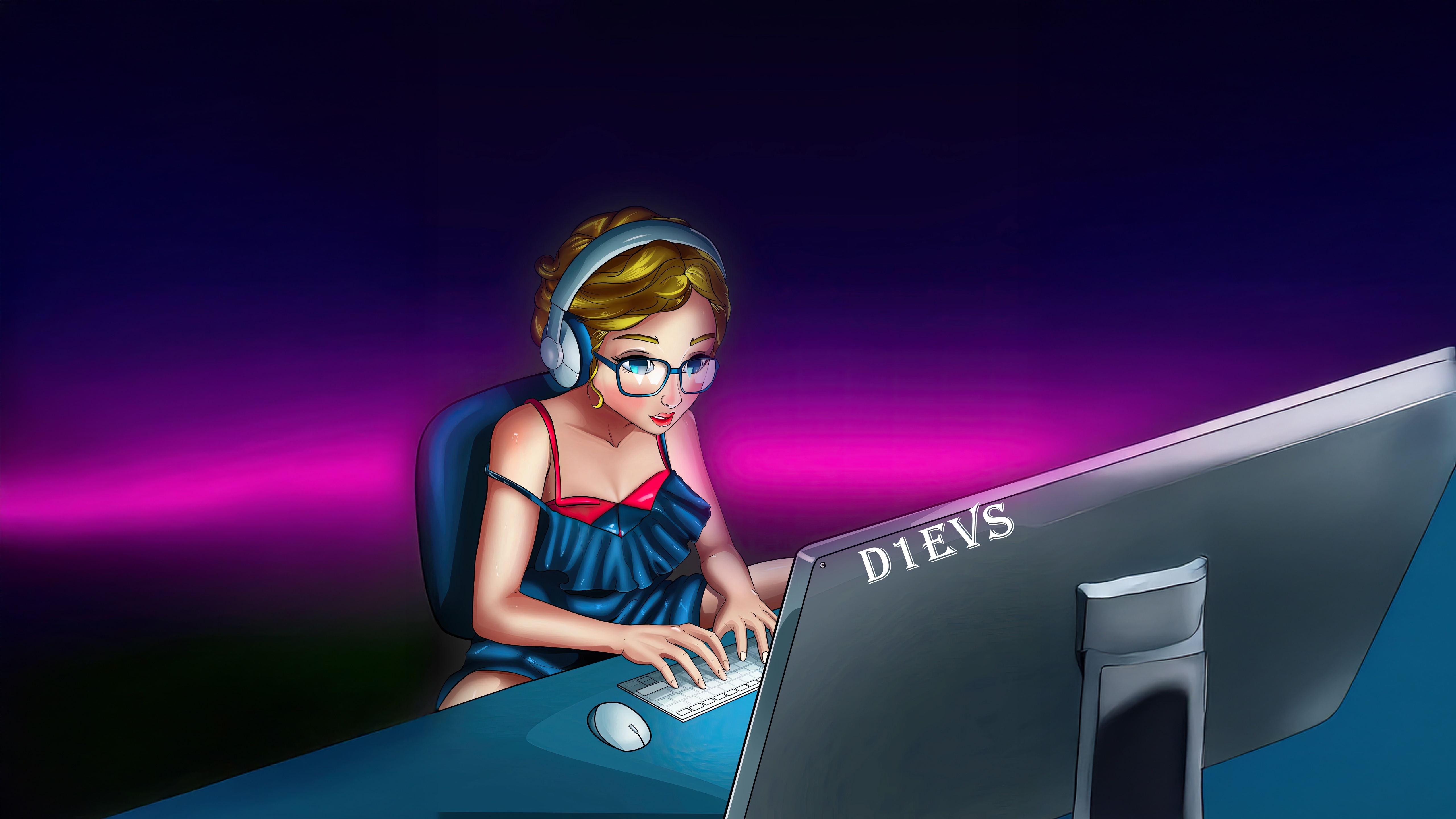 Gaming girl with headphones at a computer HD Wallpaper
