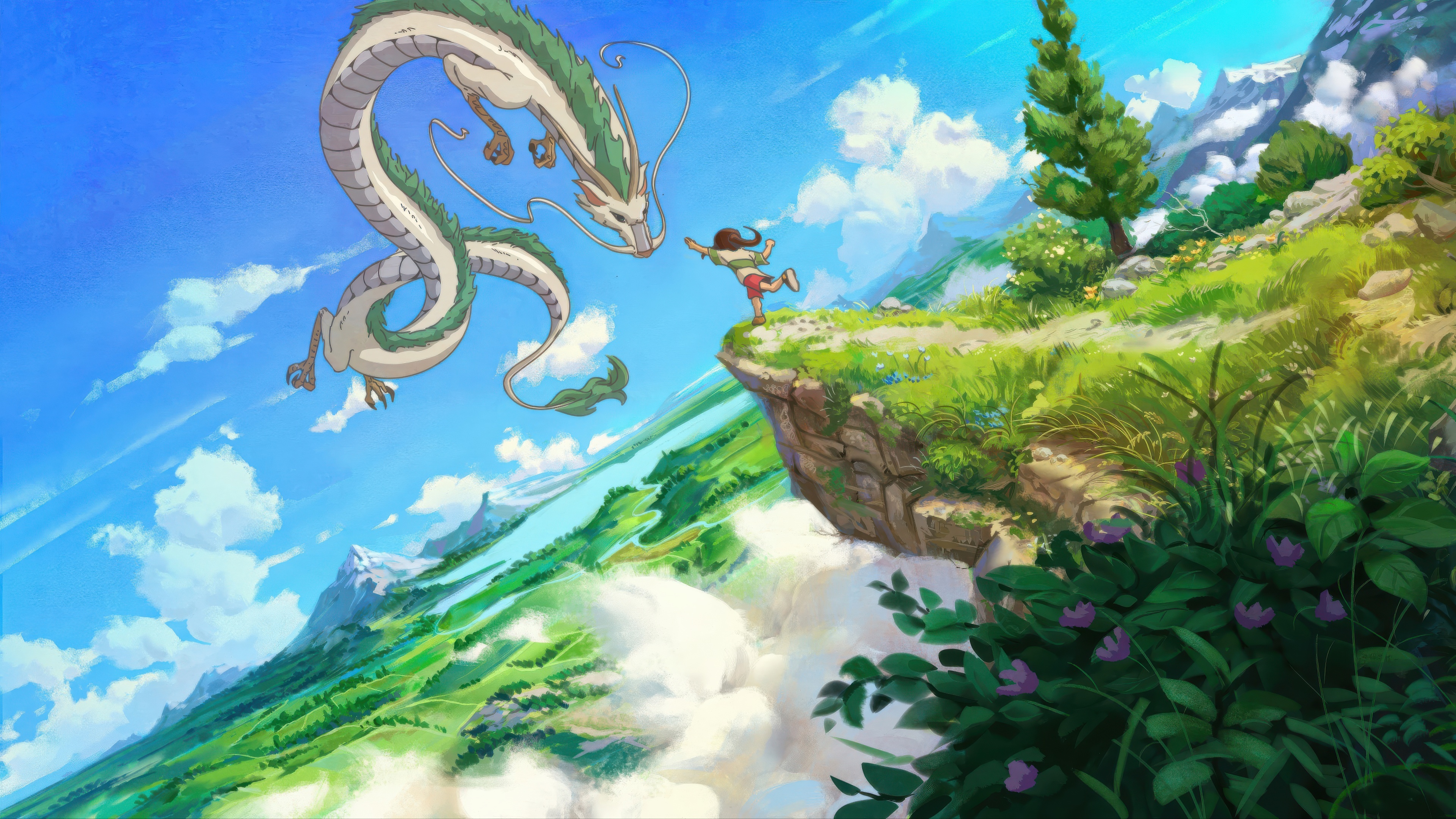 Chihiro and Haku the Dragon in a Mountain Landscape HD Wallpaper