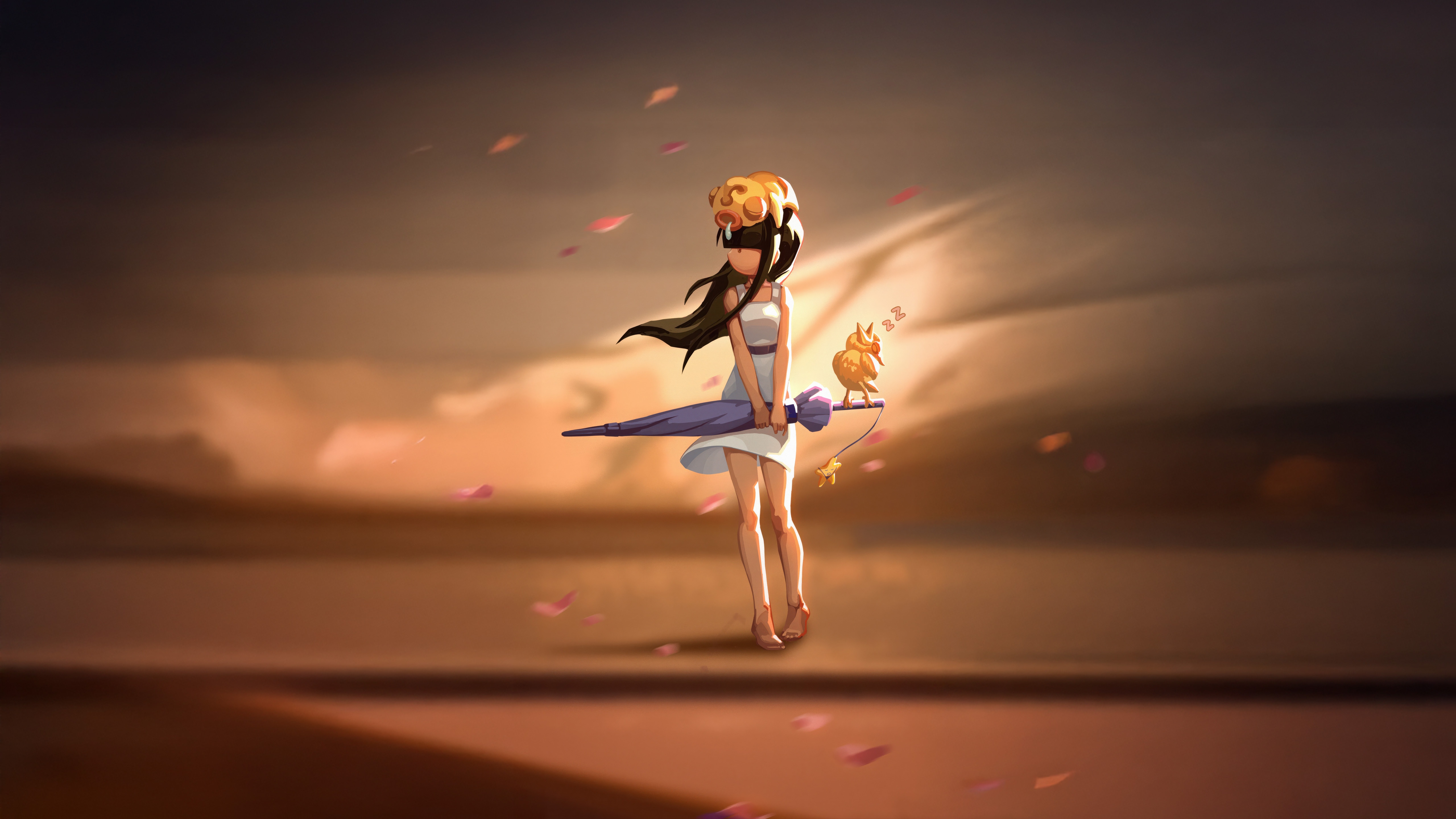 Anime girl with umbrella and bird in a field HD Wallpaper