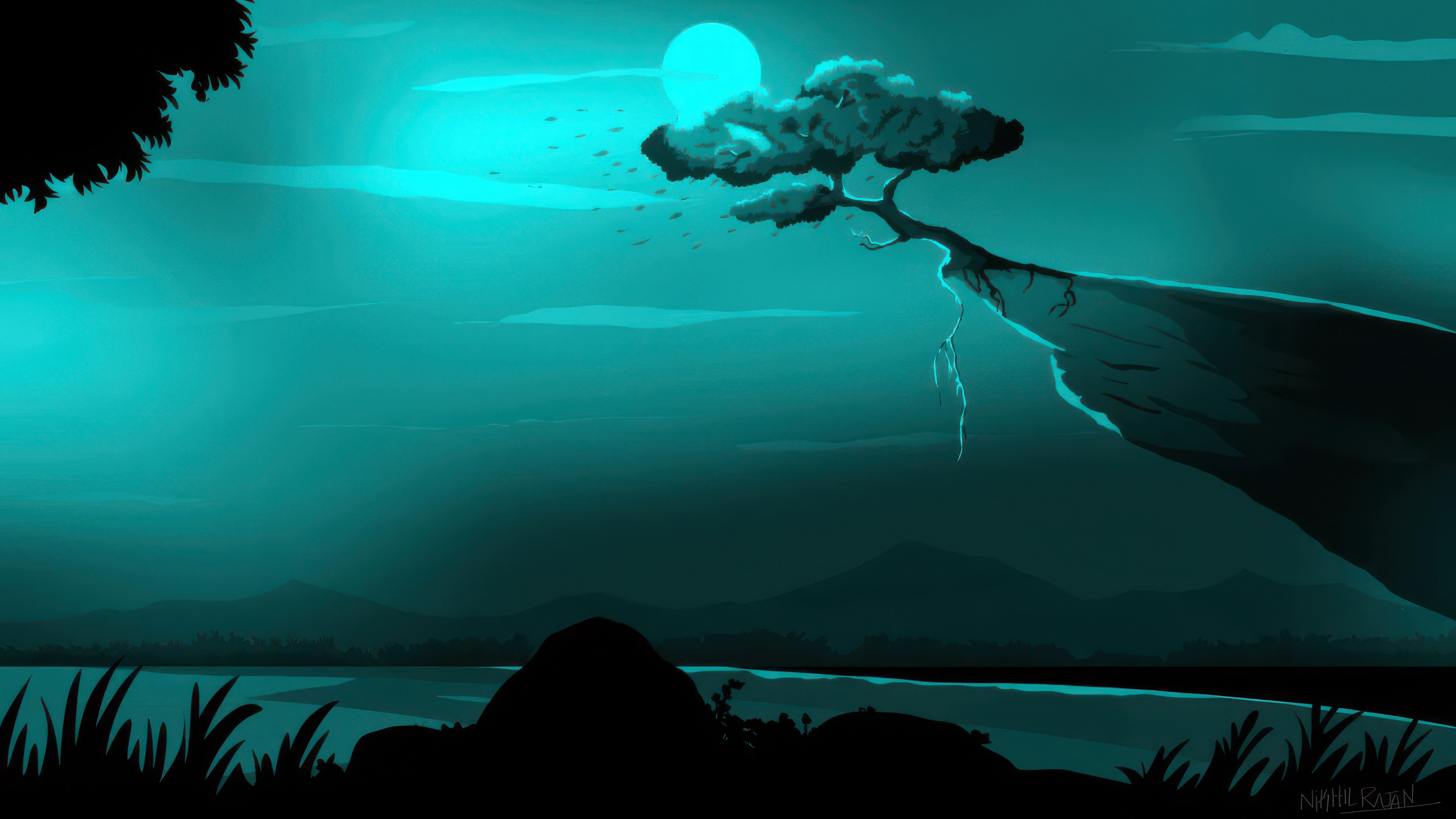 Teal landscape with a tree on a cliff HD Wallpaper