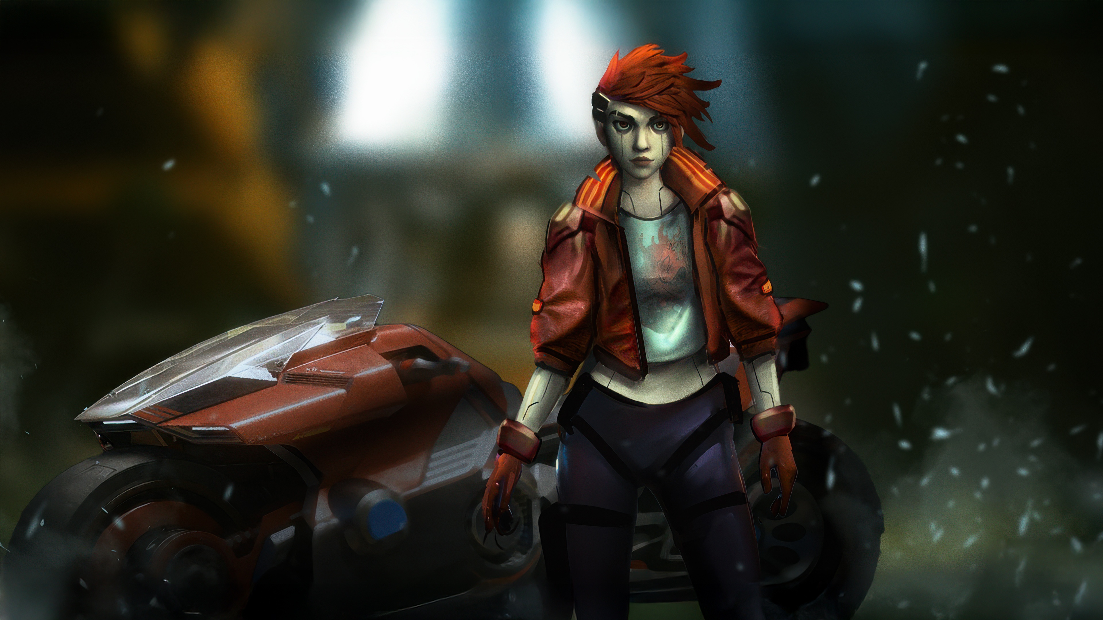 Cyberpunk 2077 character with red hair and futuristic bike HD Wallpaper