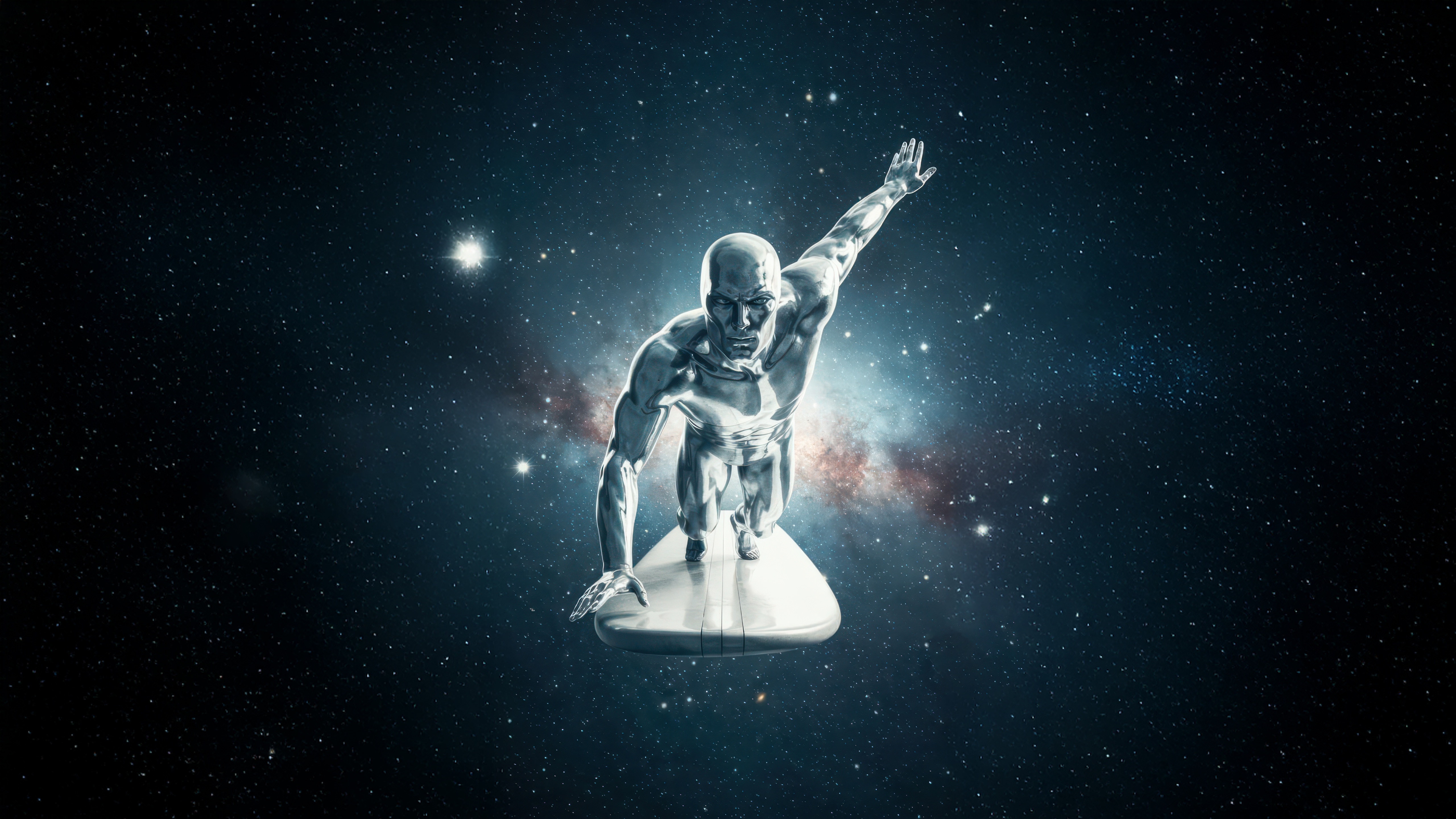 Silver Surfer riding a surfboard in space HD Wallpaper