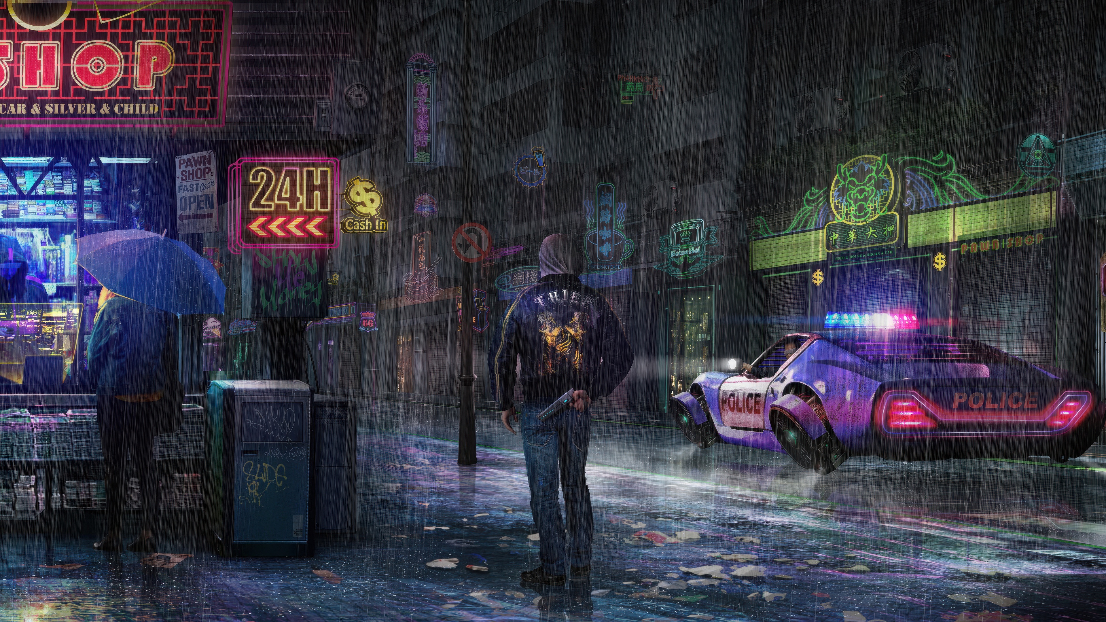 Cyberpunk street scene with a man holding a gun HD Wallpaper