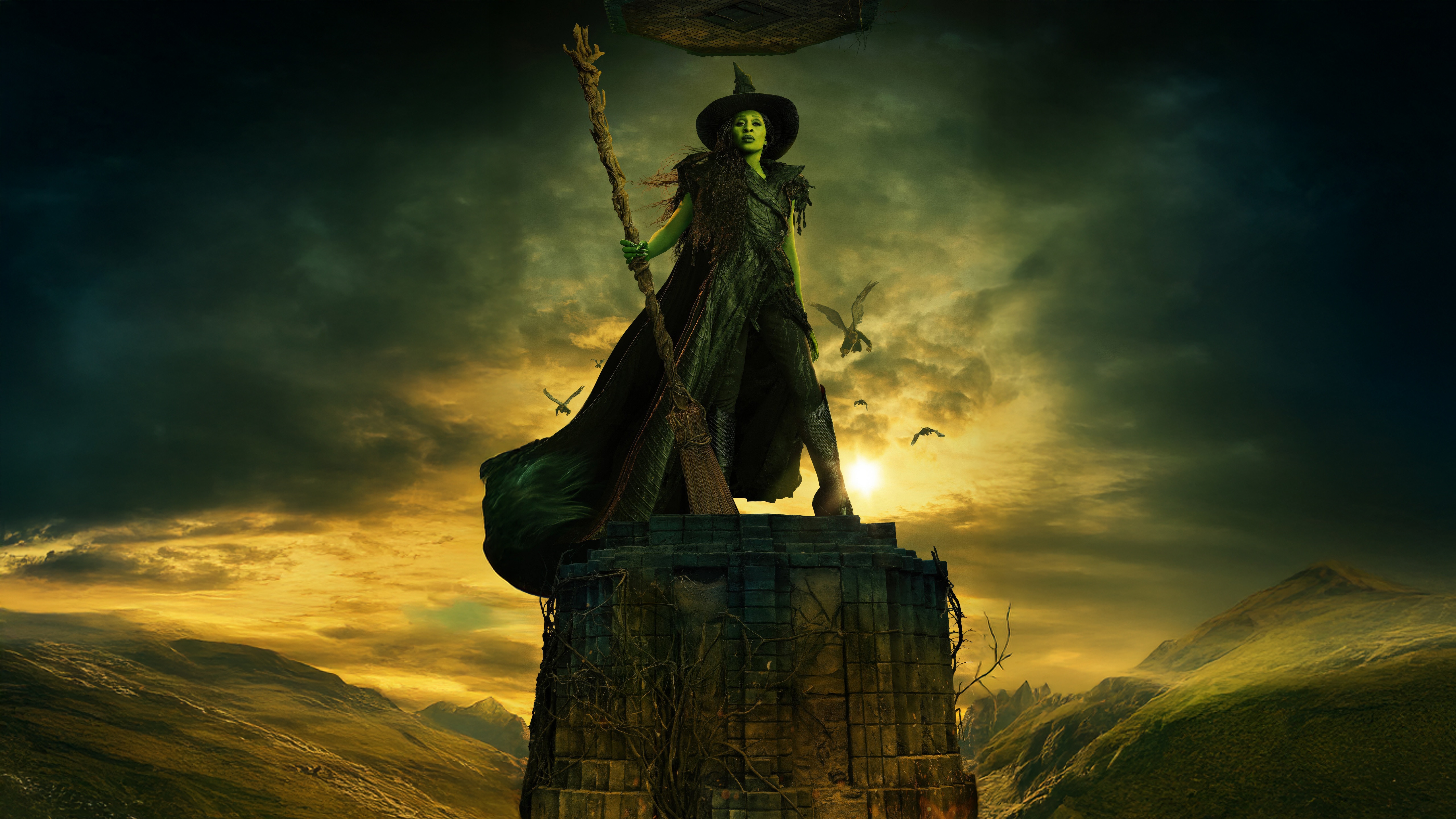 Elphaba from Wicked on a stone tower HD Wallpaper