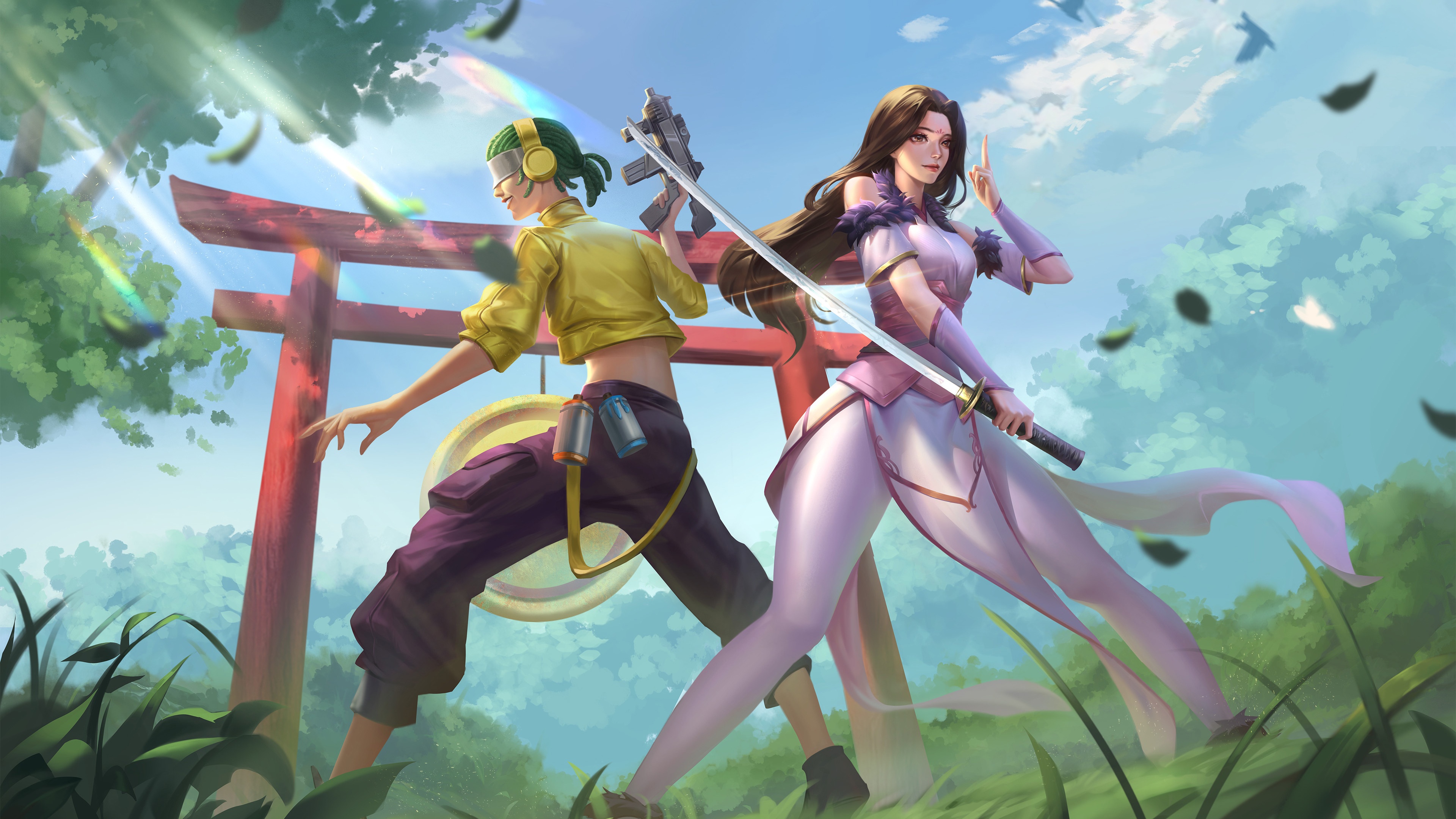 Anime warriors with swords under a Torii gate HD Wallpaper