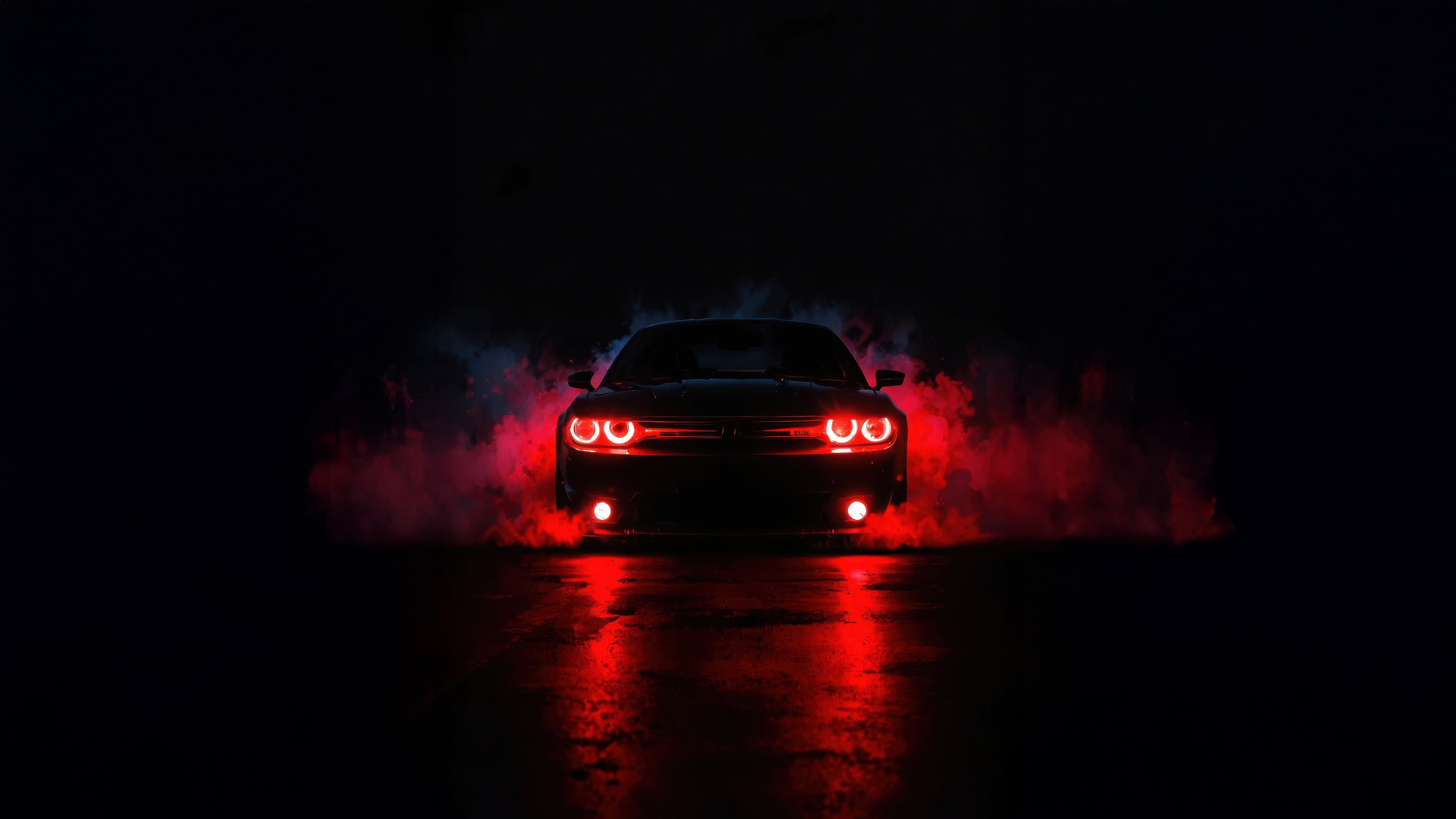 Dark Dodge Challenger with red lights and smoke HD Wallpaper