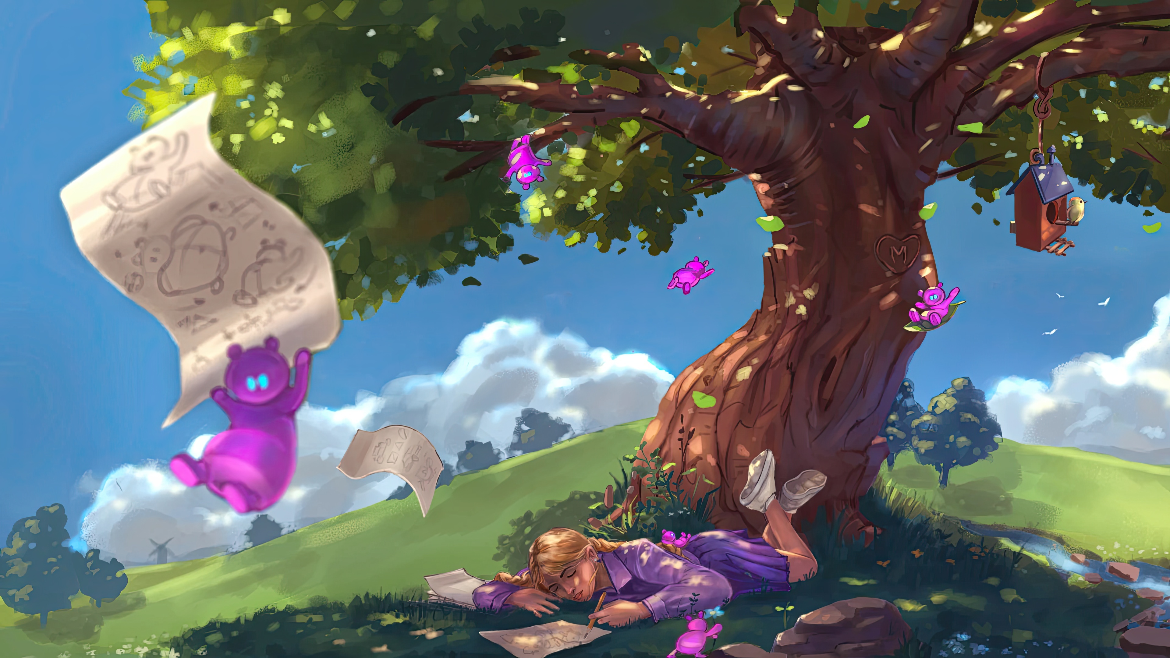 Girl drawing under a tree with purple bears HD Wallpaper