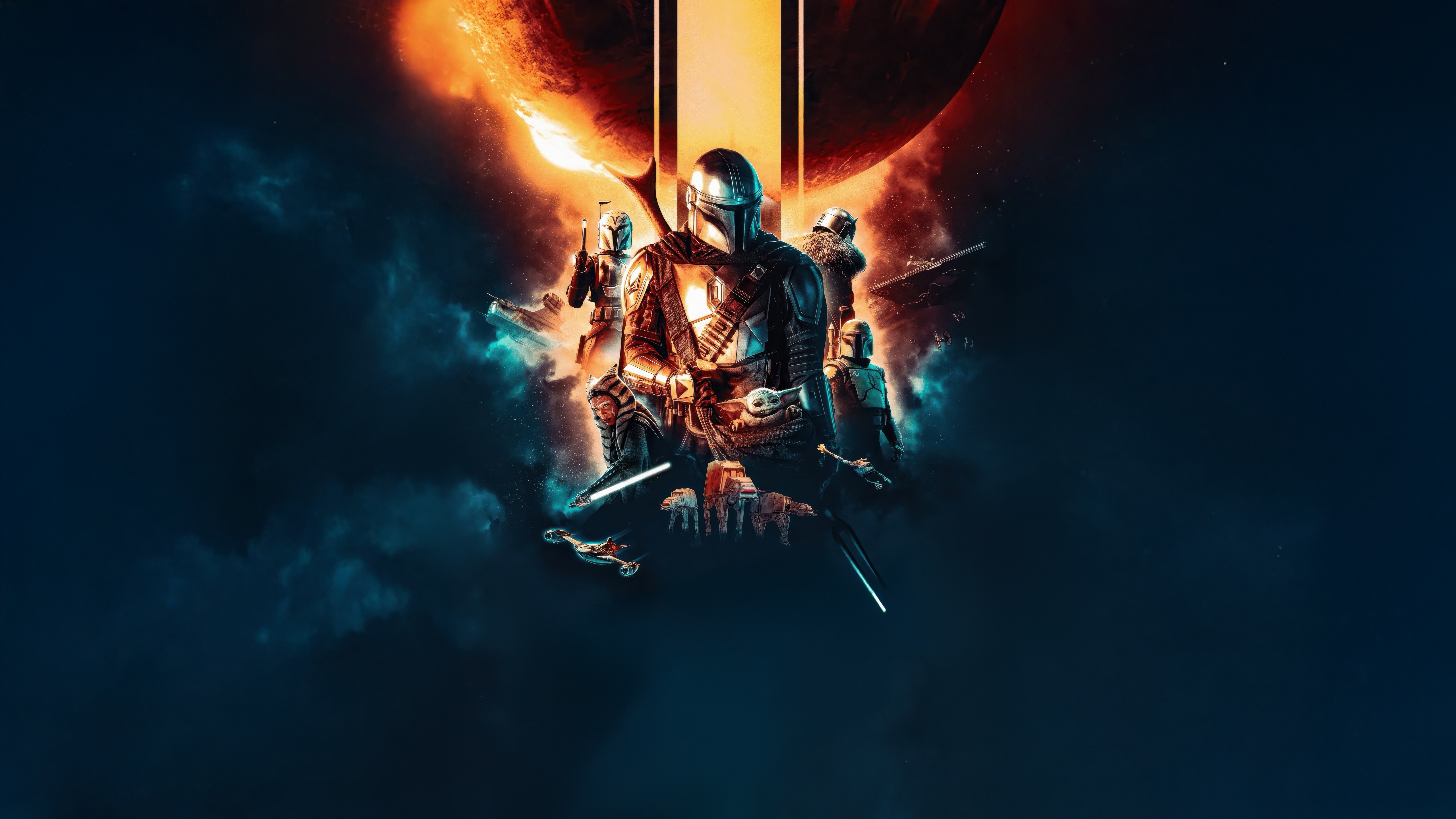 The Mandalorian and Grogu with other Mandalorians HD Wallpaper