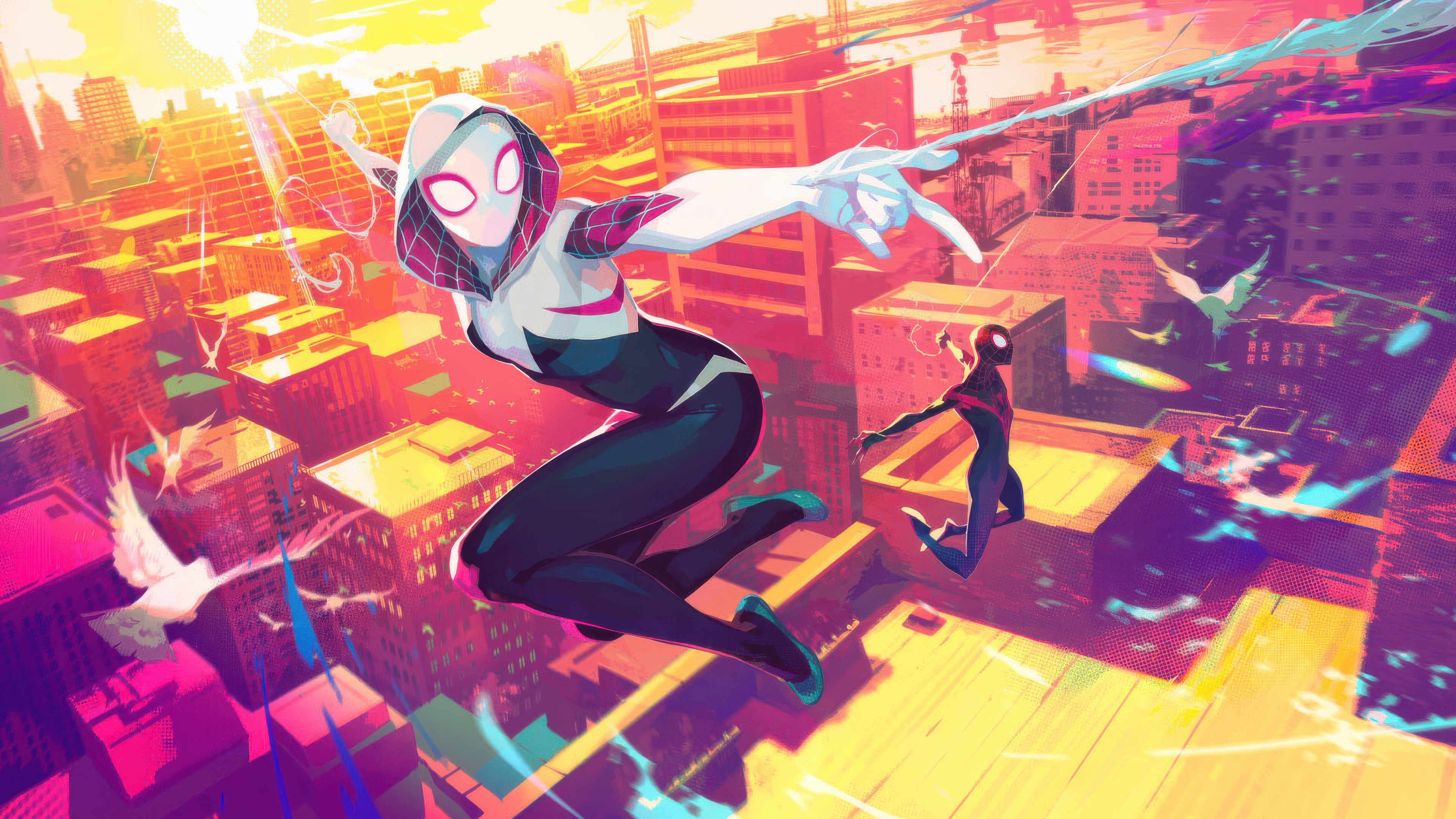 Gwen Stacy and Miles Morales swinging through a city HD Wallpaper