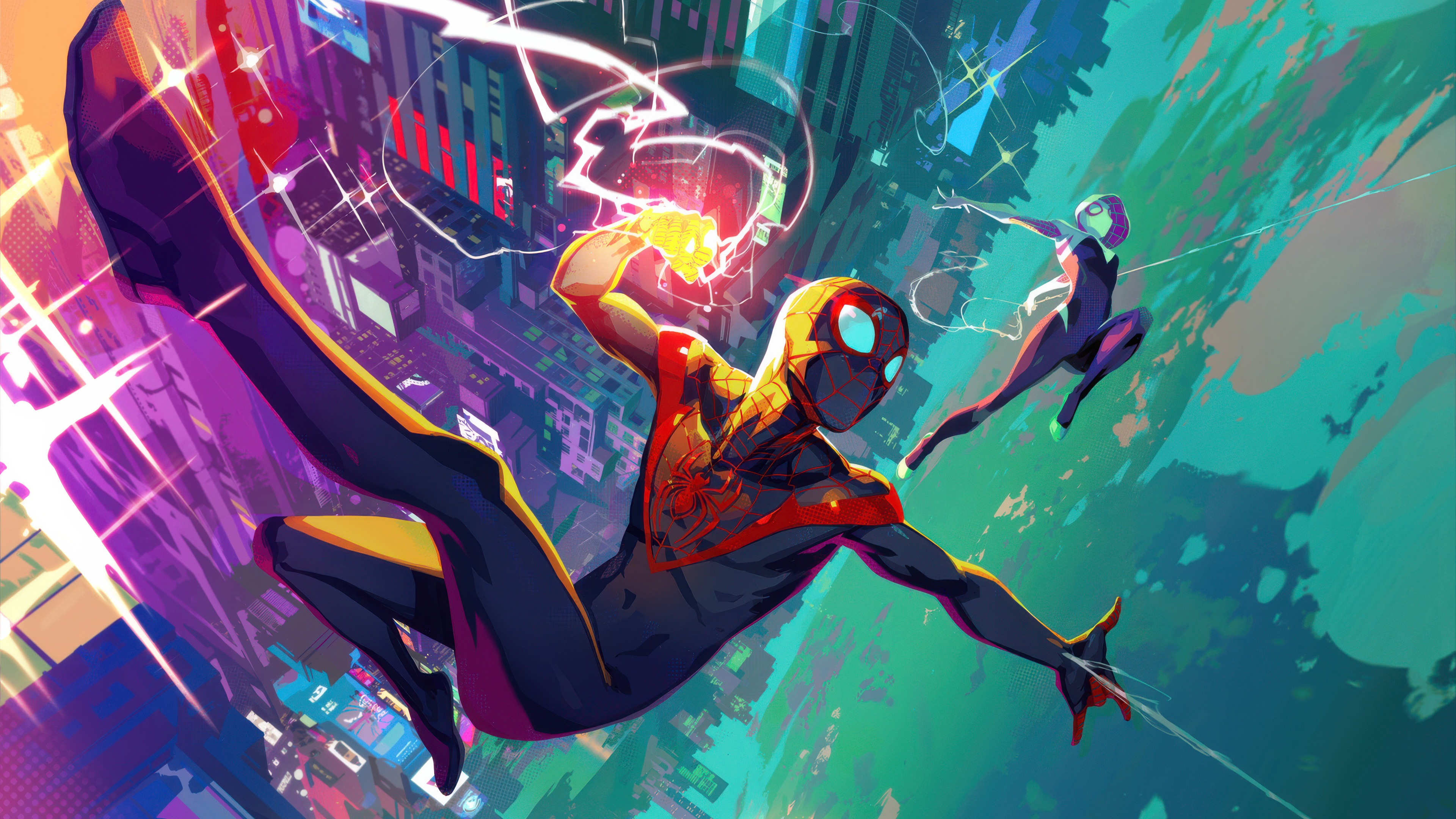 Miles Morales and Gwen Stacy swinging through a city HD Wallpaper
