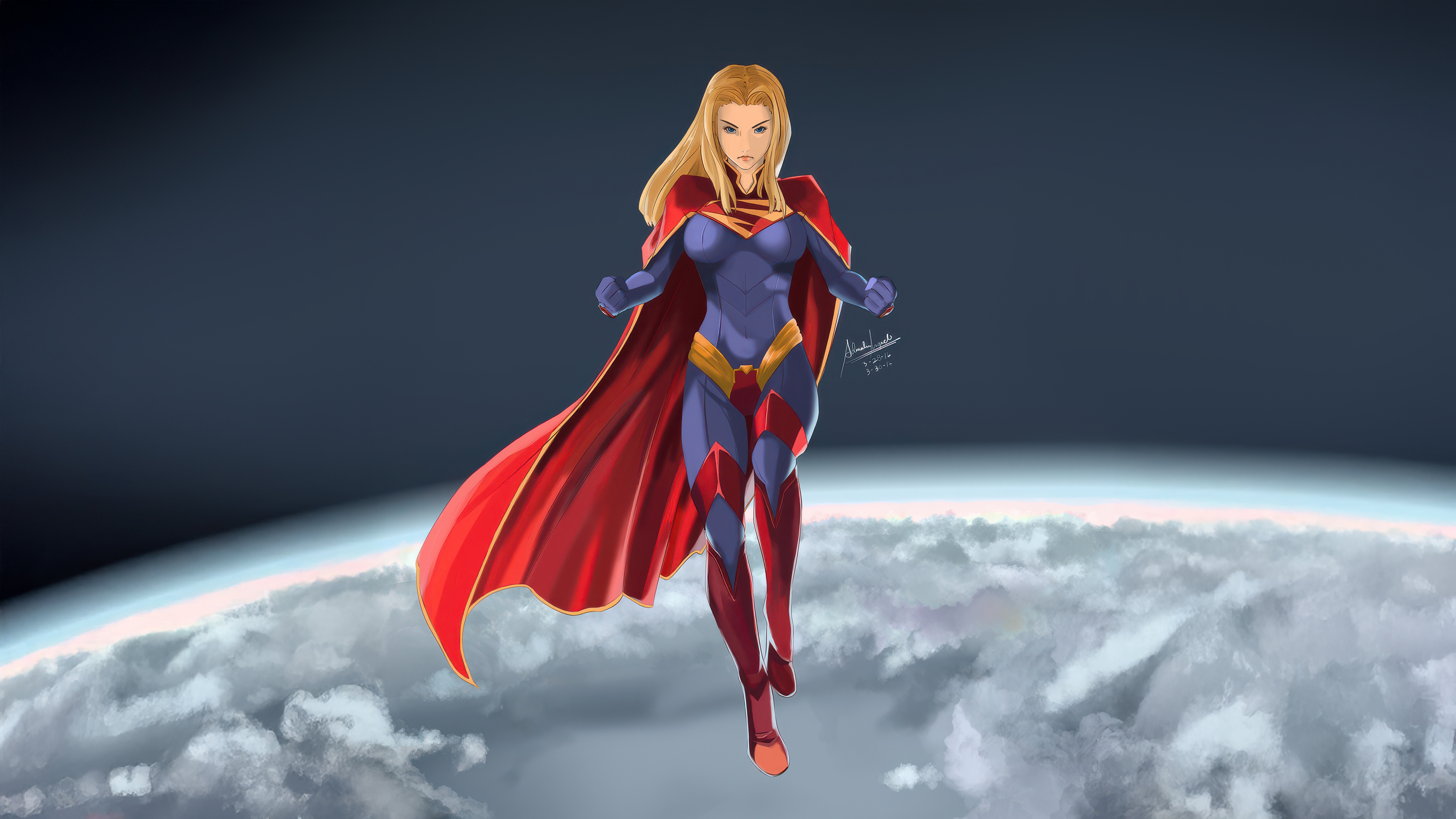 Supergirl flying above Earth's clouds HD Wallpaper