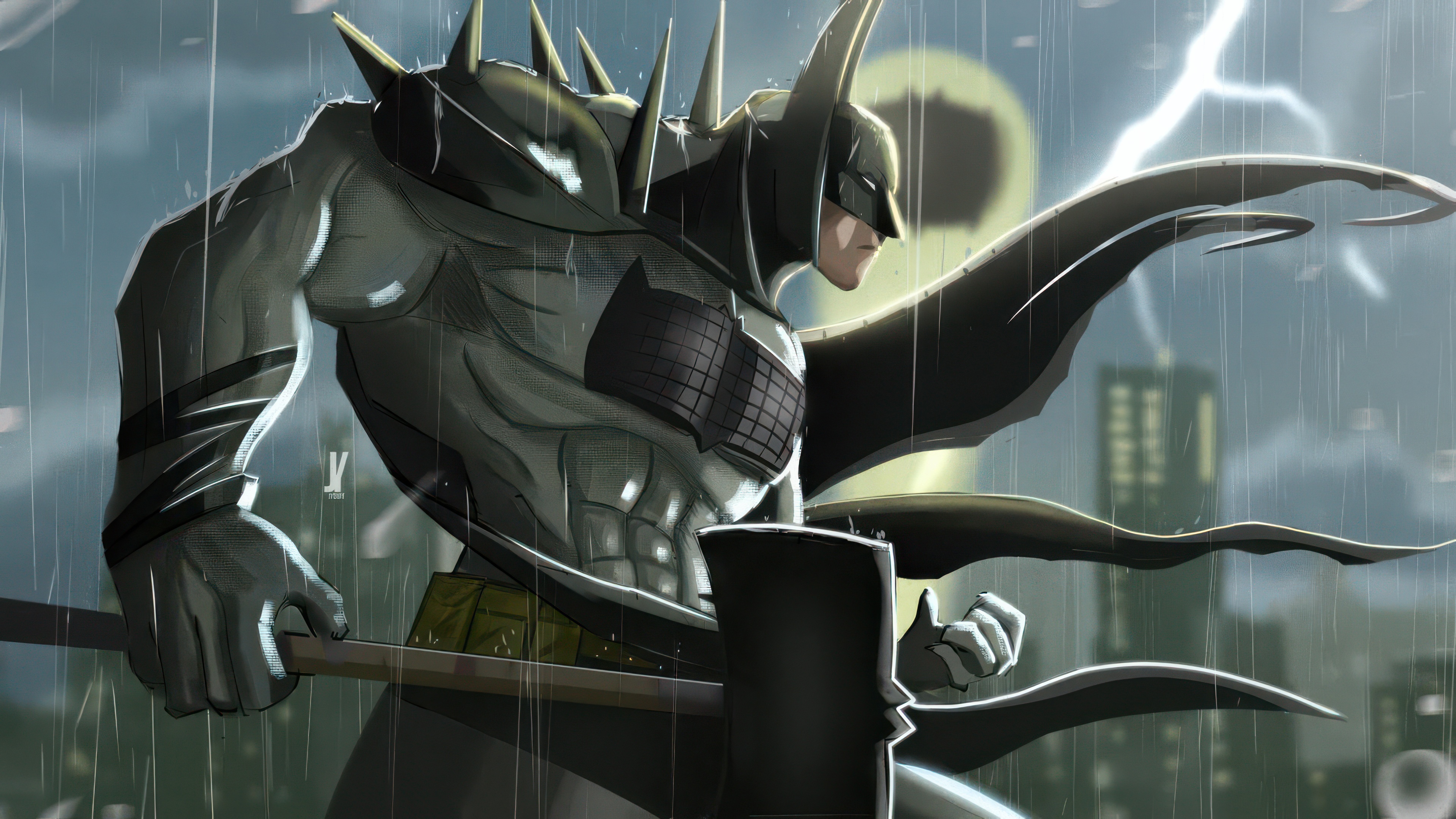 Batman with Spiked Armor and Axe in Rain HD Wallpaper