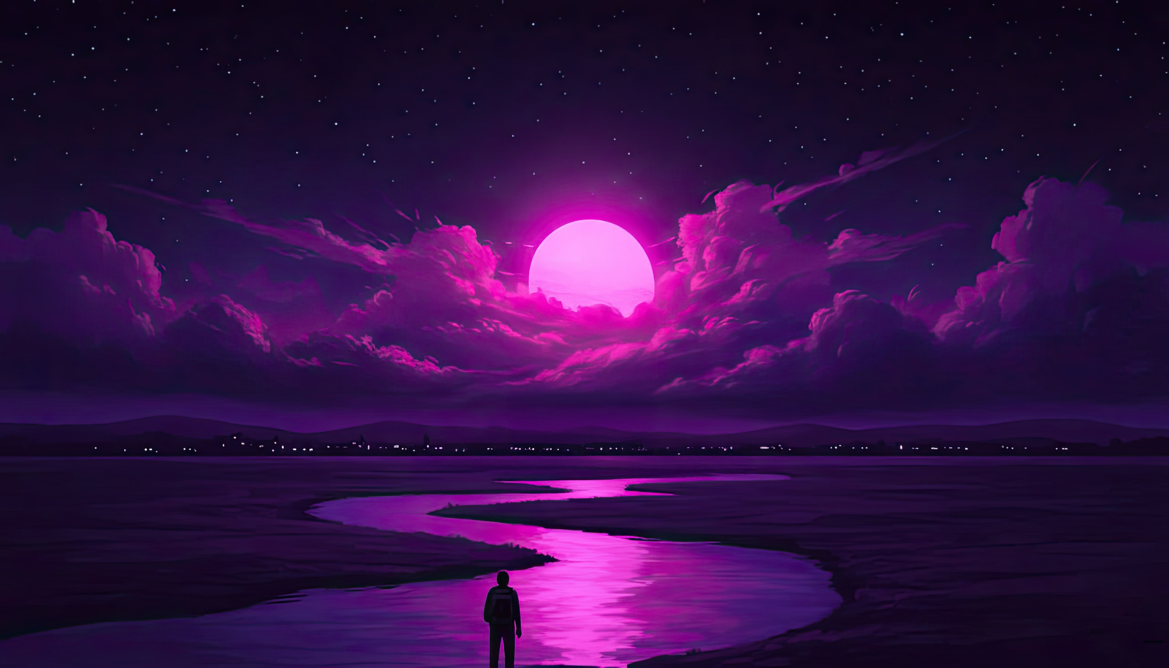 Purple Horizon with a lone figure by a river HD Wallpaper