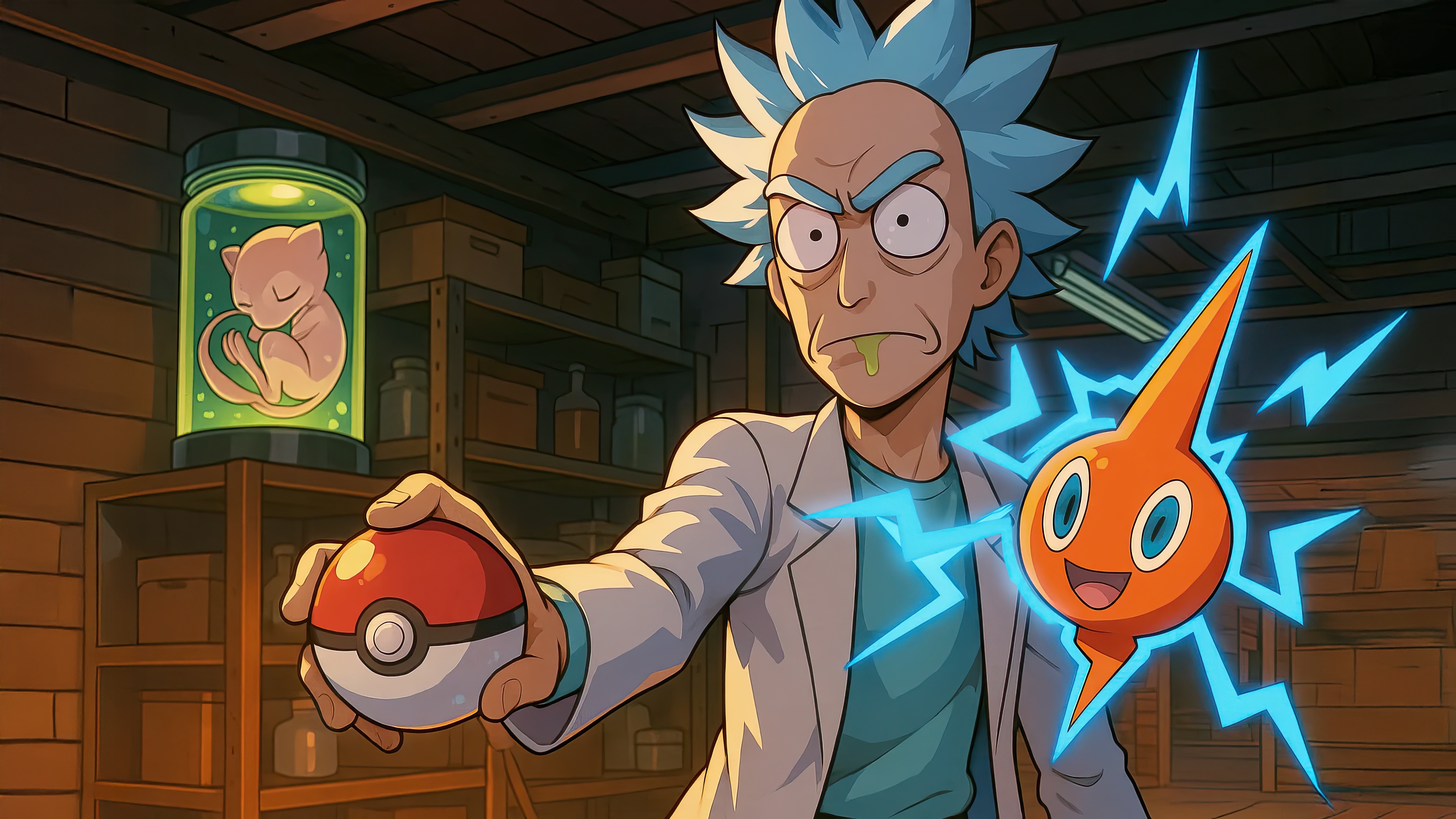 Rick Sanchez with Mew and Rotom HD Wallpaper