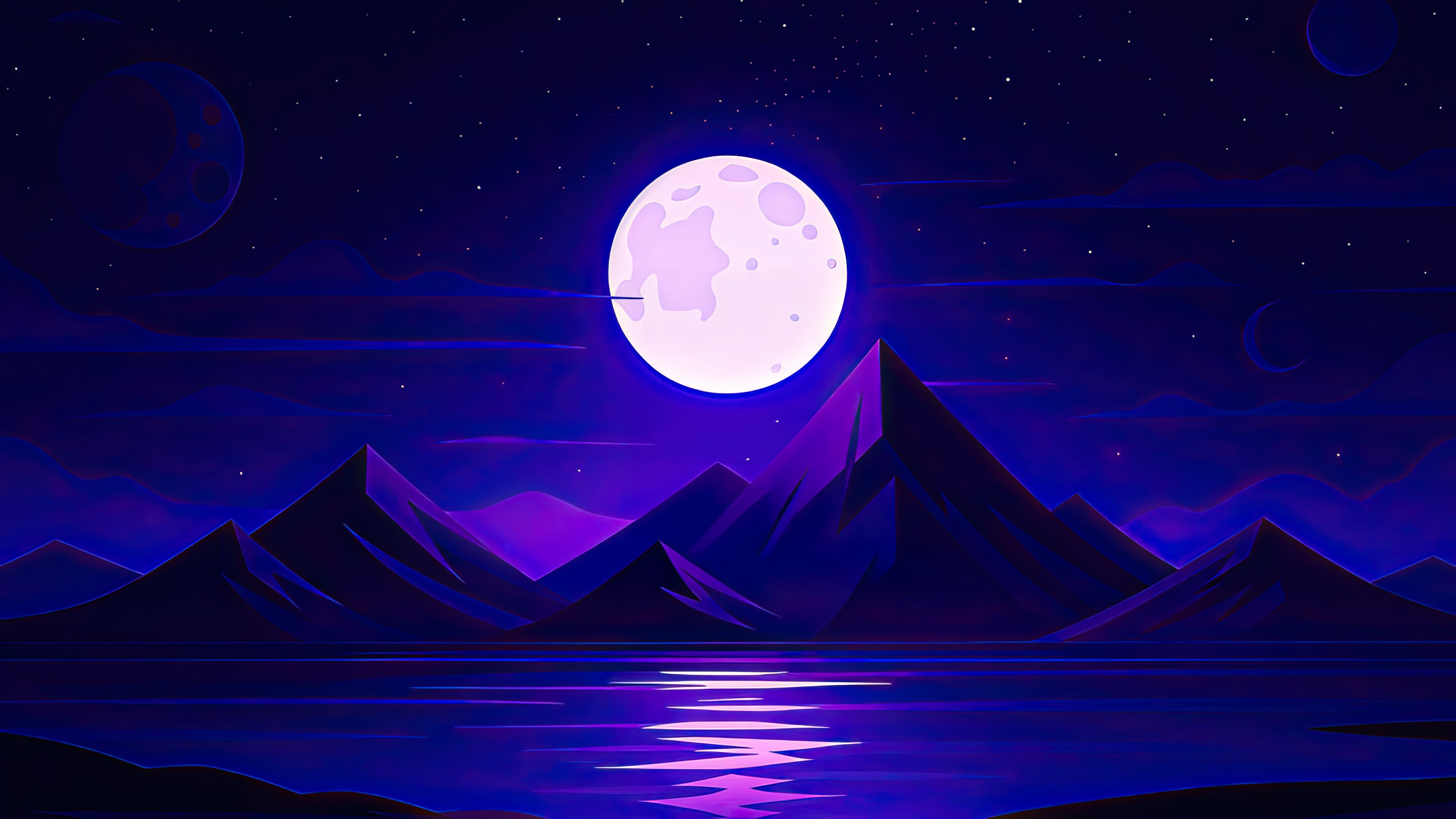 Moonlit night landscape with mountains and water HD Wallpaper