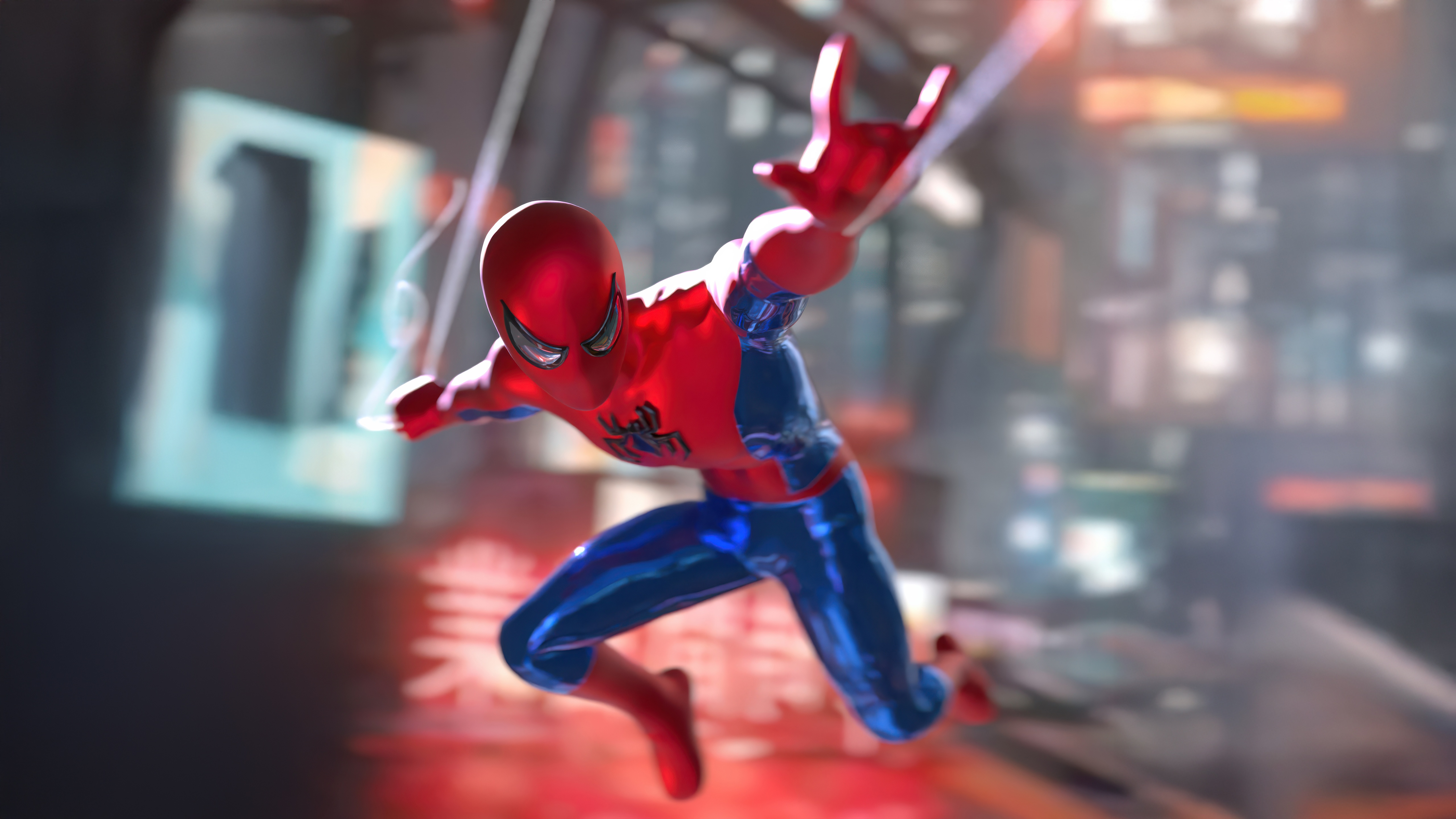 Spiderman swinging through a city at night HD Wallpaper