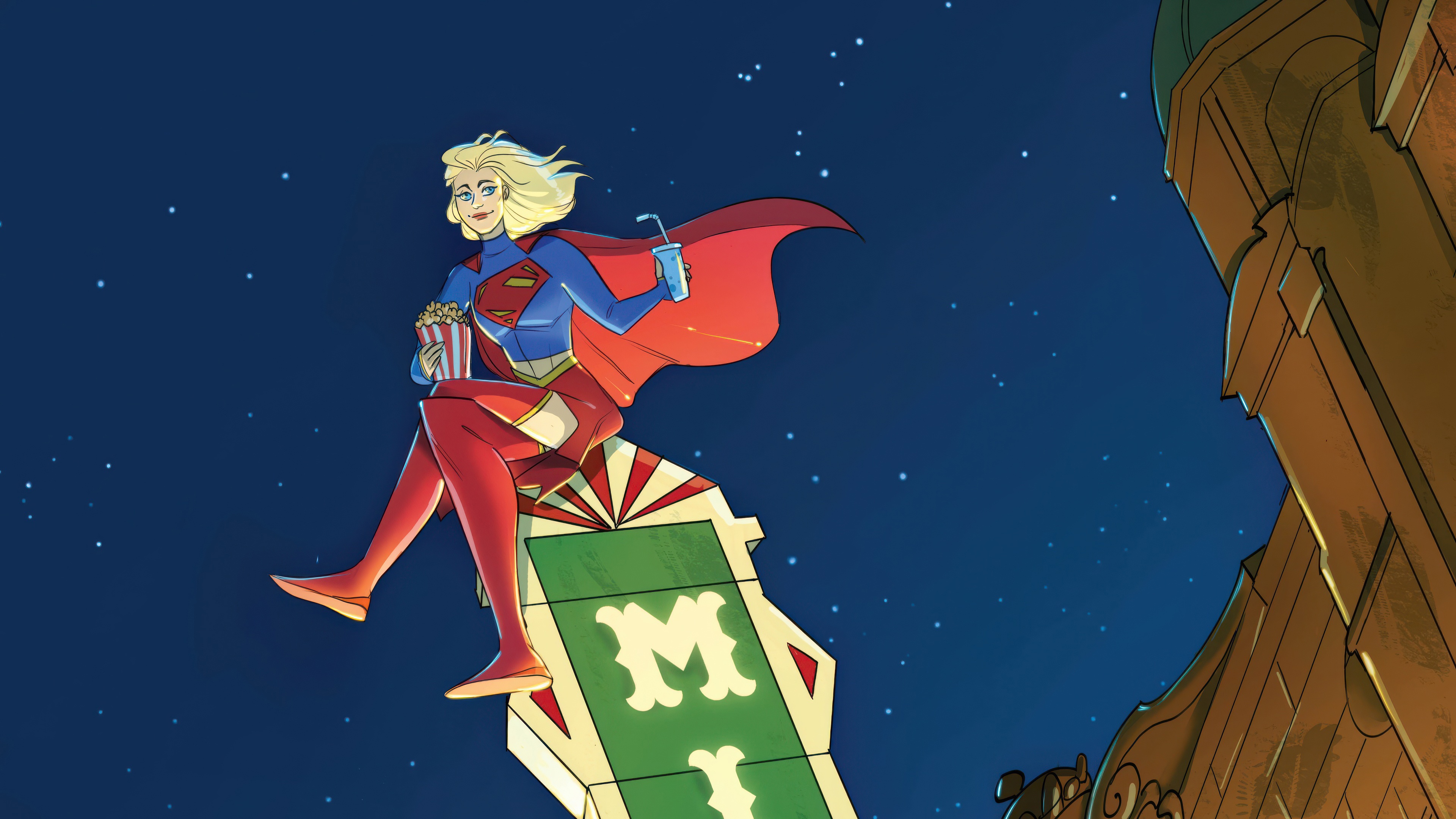 Supergirl Sitting on a Sign with Popcorn and Drink HD Wallpaper