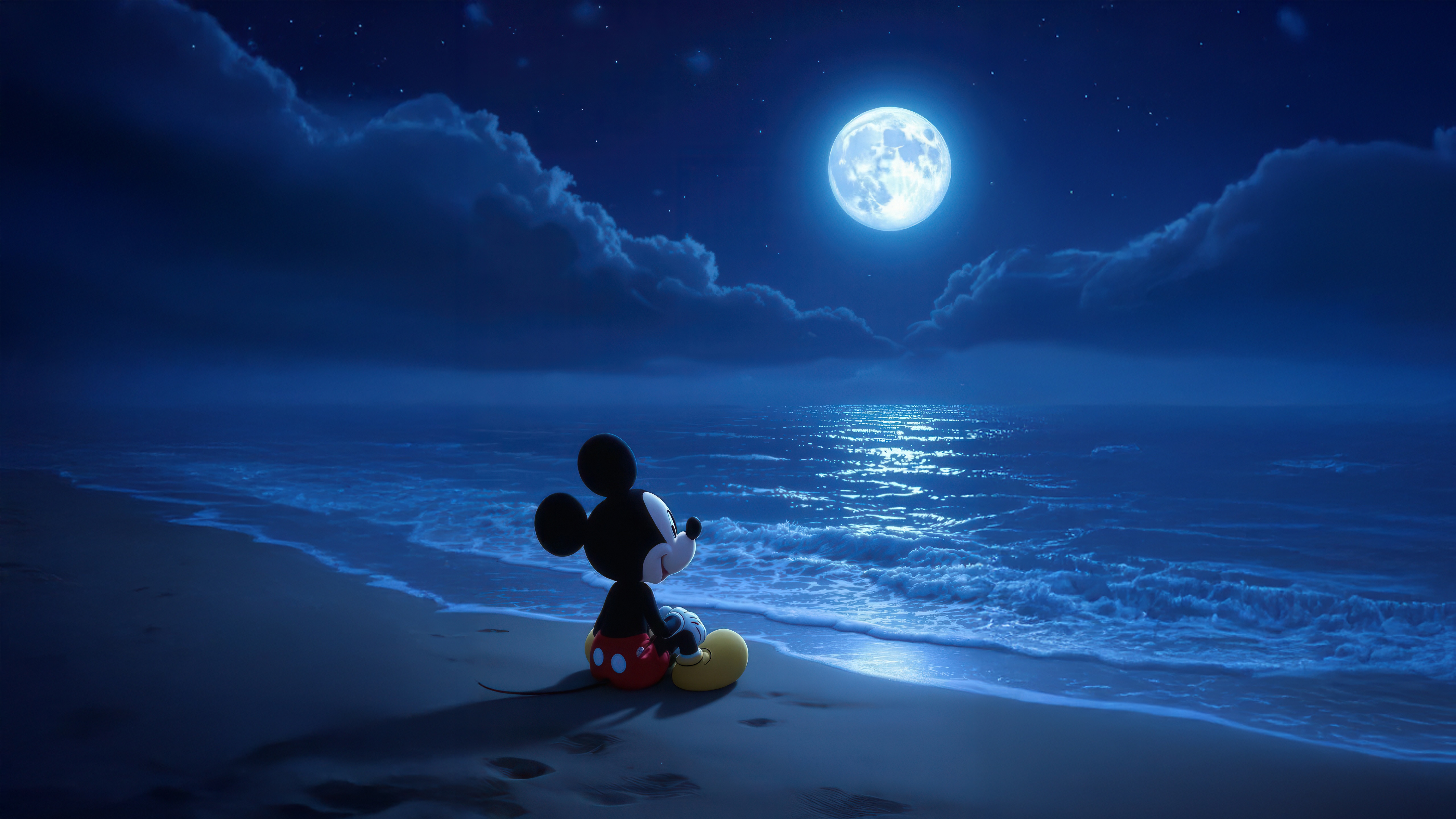 Mickey Mouse sits on a beach under the moonlight HD Wallpaper